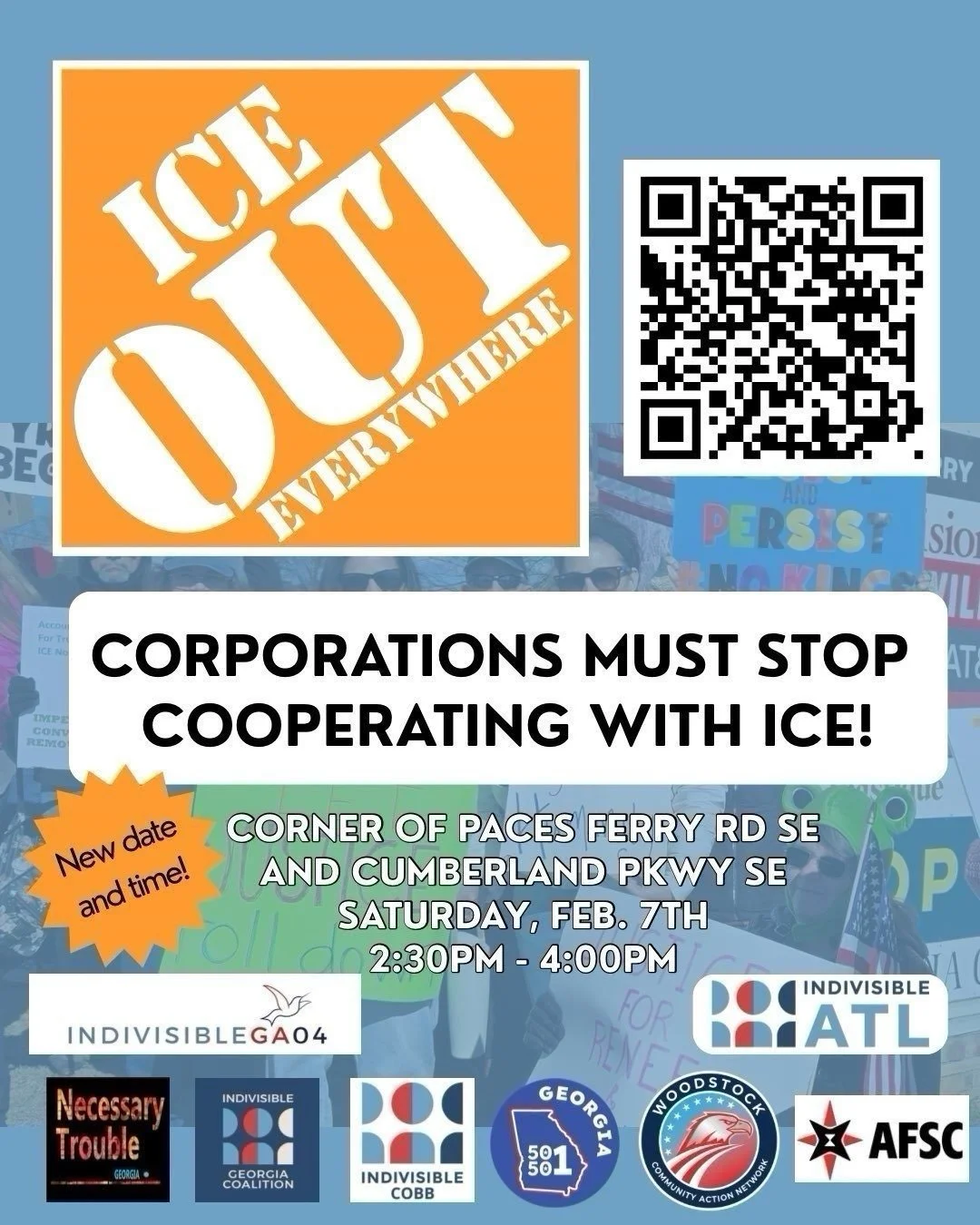 Flyer for Ice Out Home Depot on Saturday, Feb 7 from 2:30 to 4 p.m.  Cumberland Parkway SE & Paces Ferry Road SE Vinings, GA 30339