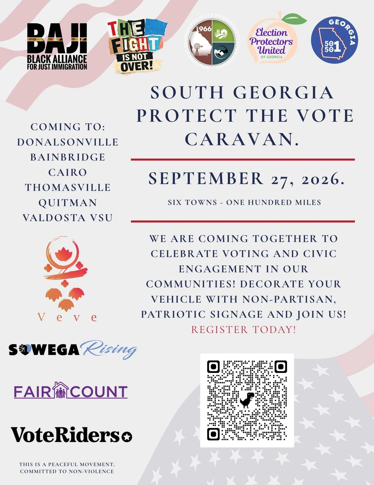 Flyer for South Georgia Protect the Vote Caravan. At Donalsonville, Bainbridge, Cairo, Thomasville, Quitman, & Valdosta VSU. 9/27/2026 8:30 AM - 7:00 PM
