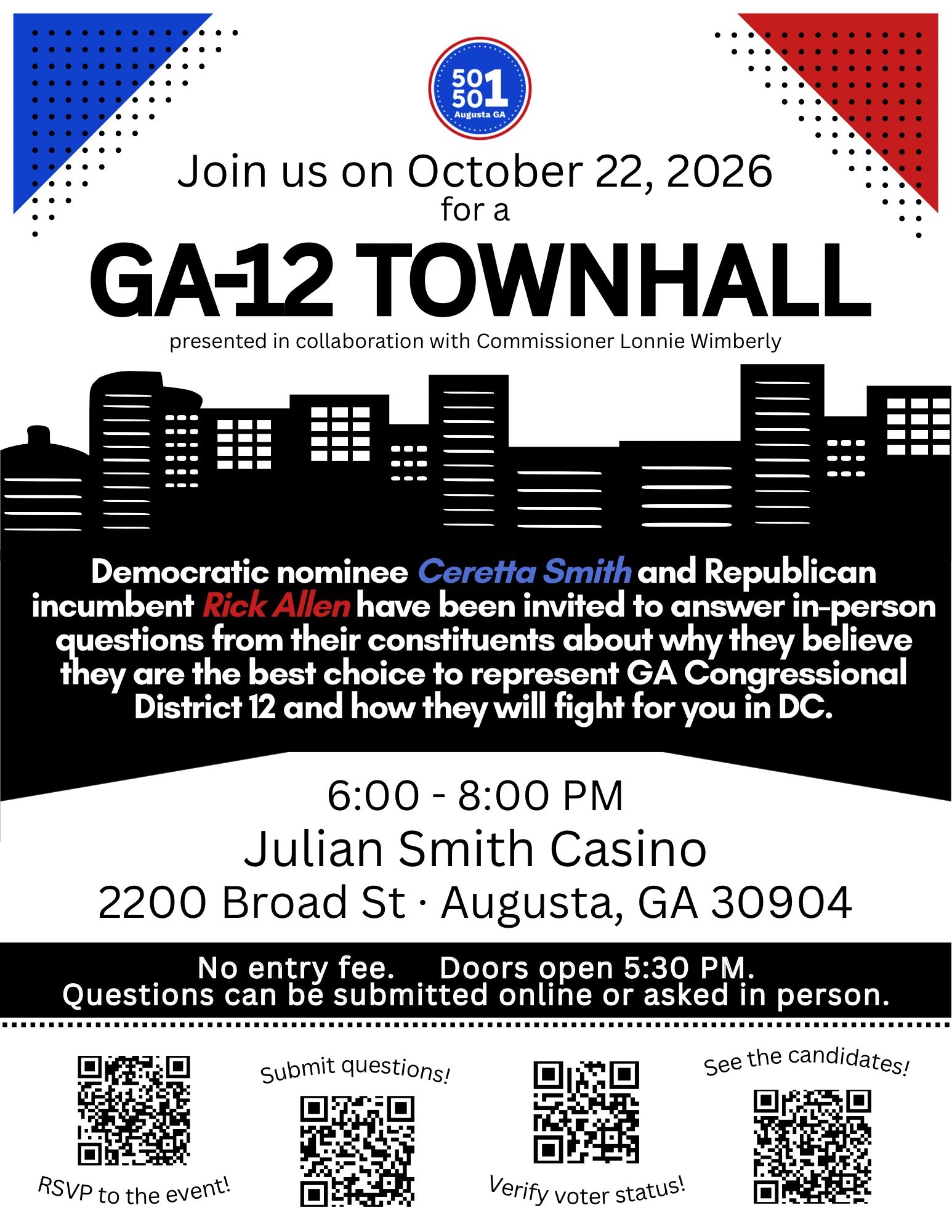 Flyer for GA-12 Downhill on 10/22/2026 6 PM - 8 PM at the Julian Smith Casino on 2200 Broad Street in August, GA. No entry fee. Doors open at 5:30