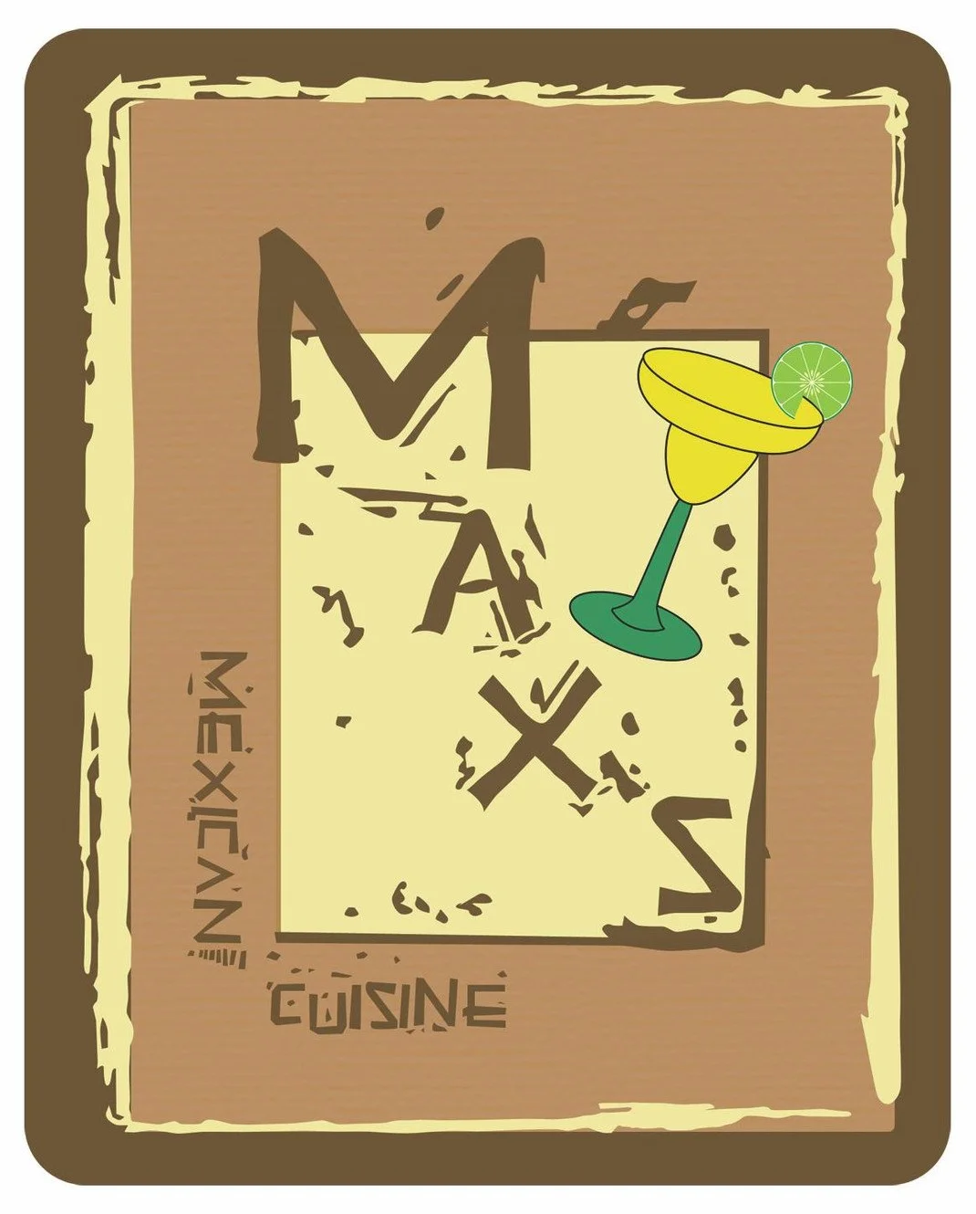 A vintage-style menu board with a cocktail drink illustration, a peel of lime, and the words 'Mexique' and 'Cuisine' on the sides.