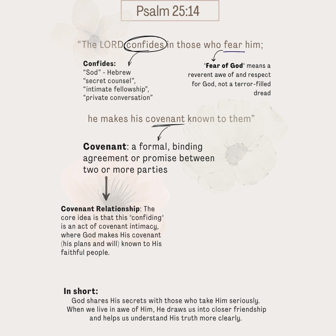 "The Lord confides in those who fear him; he makes his covenant known to them"

This is why I love verse mapping so much. One word can completely change how you understand a verse.

Psalm 25:14 isn&rsquo;t just saying God &ldquo;confides&rd