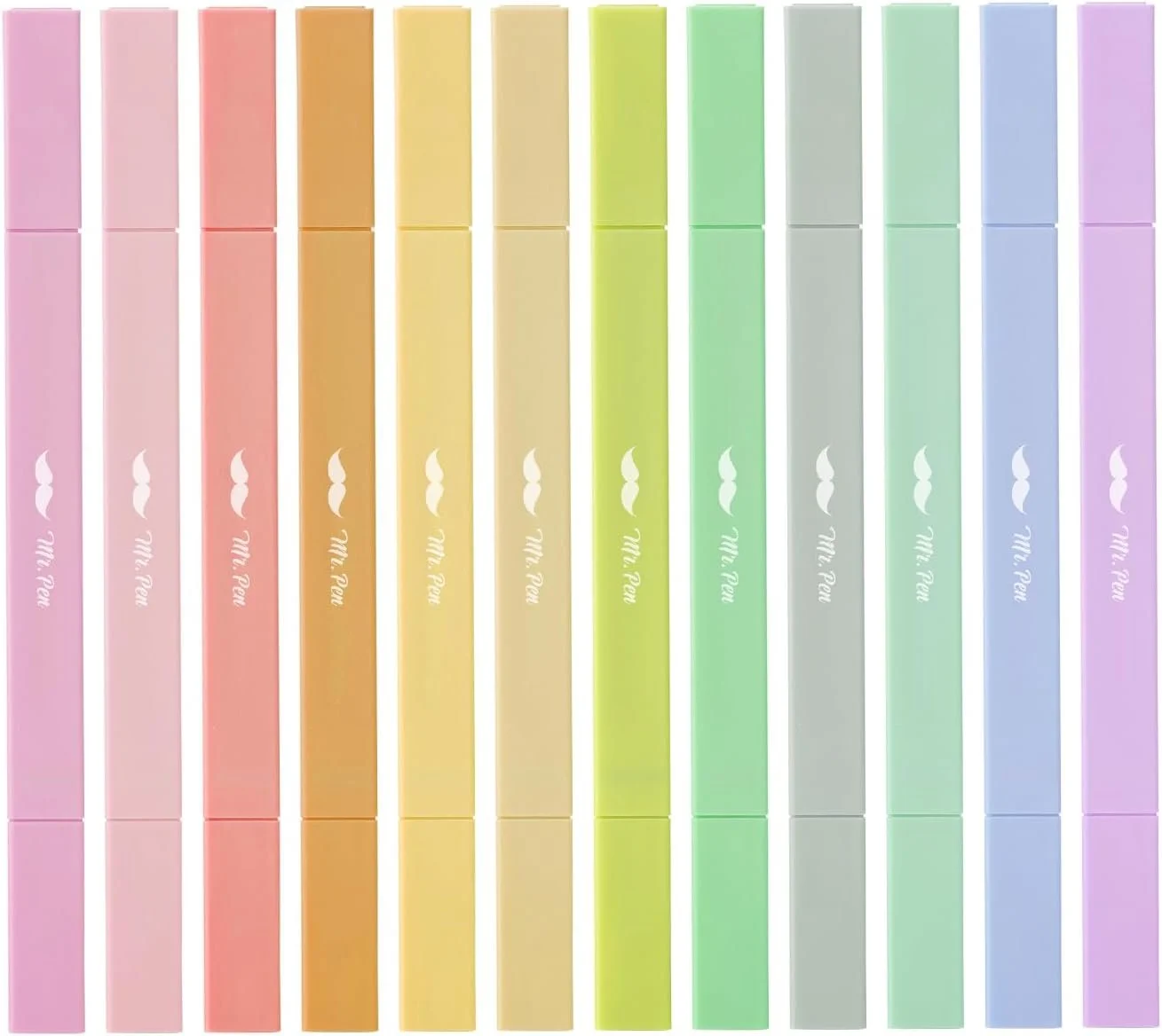 A collection of pastel-colored highlighters arranged upright in a row, including shades of pink, orange, yellow, green, blue, and purple, with the brand name 'Mee Pen' visible on each.