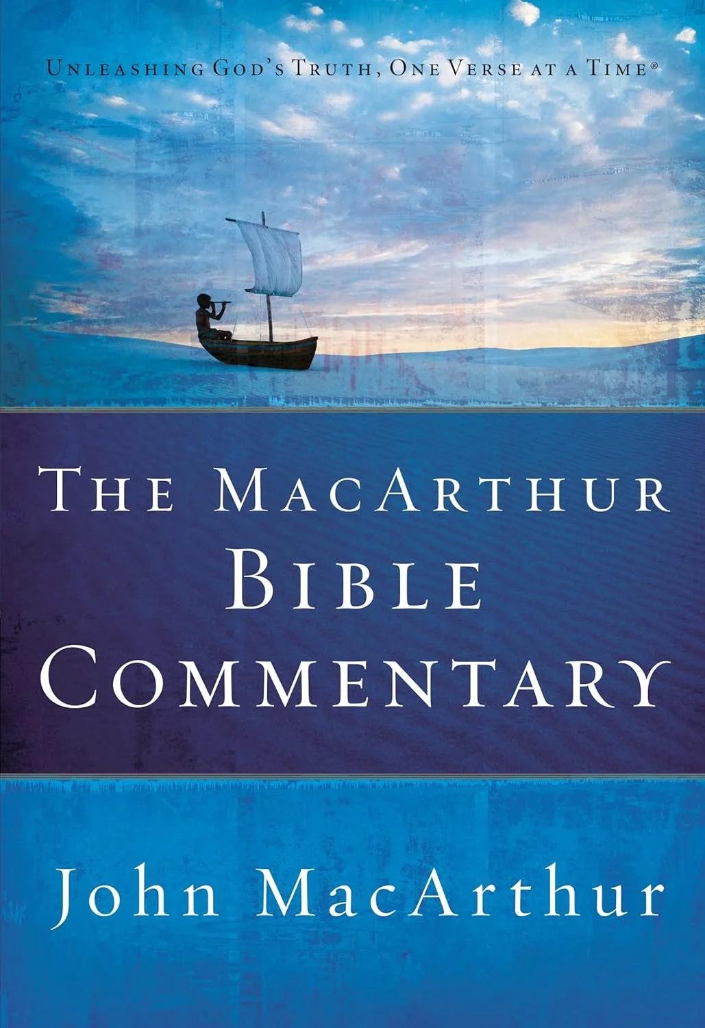 Book cover for The MacArthur Bible Commentary by John MacArthur with a blue background, a silhouette of a person in a small boat with a sail on calm water, and a sky with clouds.