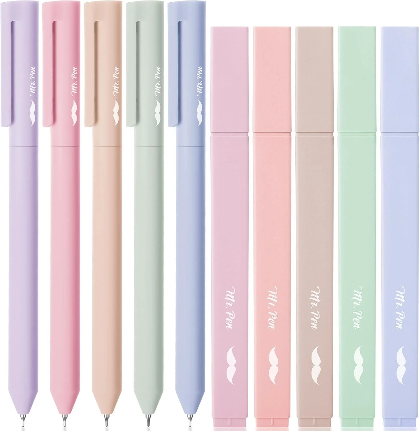 Set of pastel highlighters in pink, purple, beige, green, and blue with caps and clear bases.