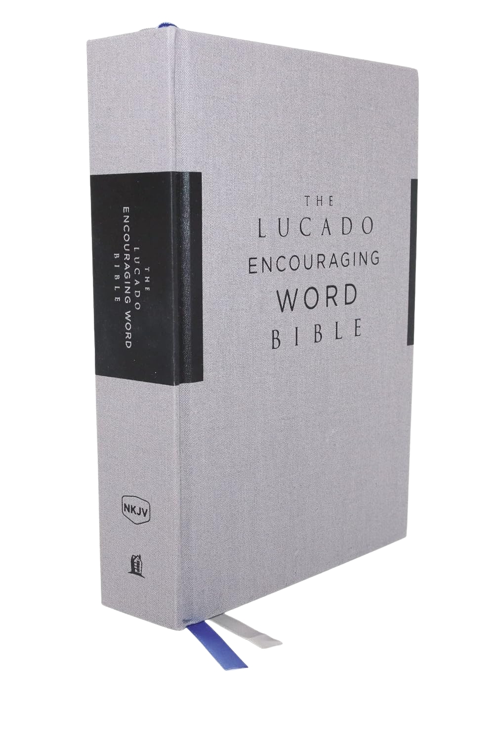 Gray hardcover book titled "The Lucado Encouraging Word Bible" standing upright with a black band on the spine and an open blue ribbon bookmark at the bottom.