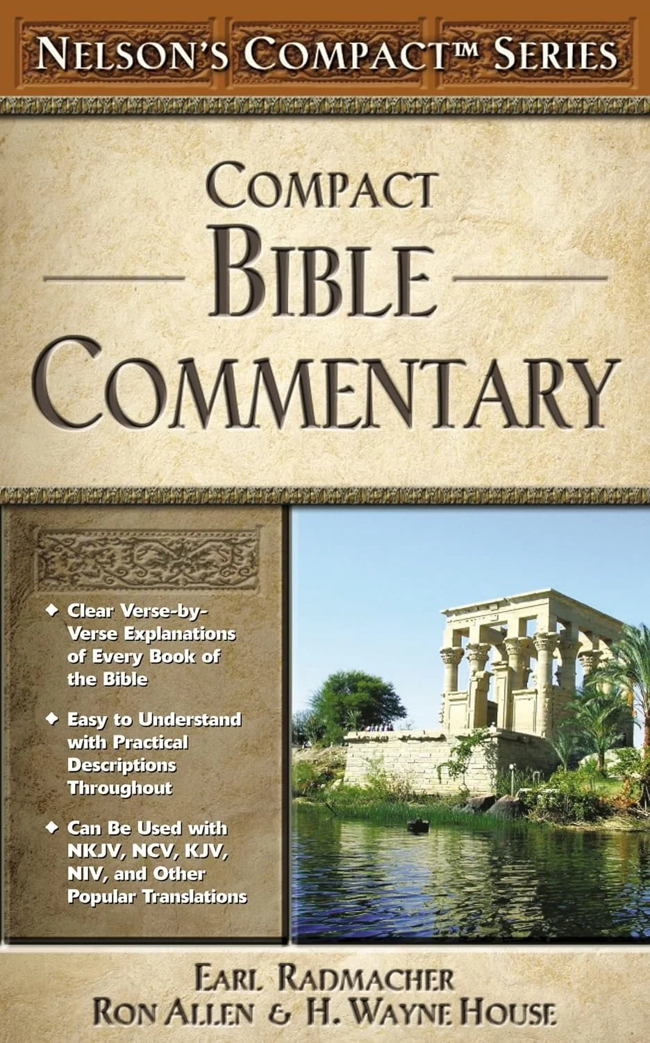 Cover of a Bible commentary book titled 'Nelson's Compact Series Compact Bible Commentary' with a picture of an ancient stone temple and water in the foreground.