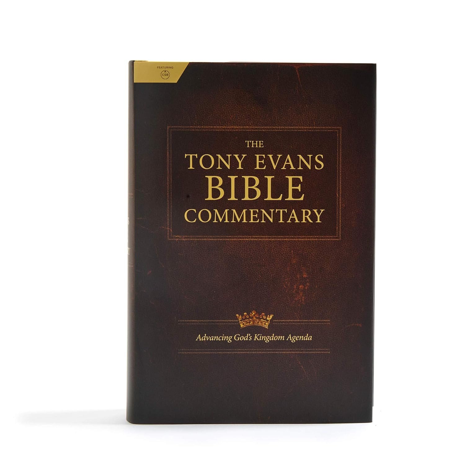 Cover of 'The Tony Evans Bible Commentary' with a dark, textured background and gold text.