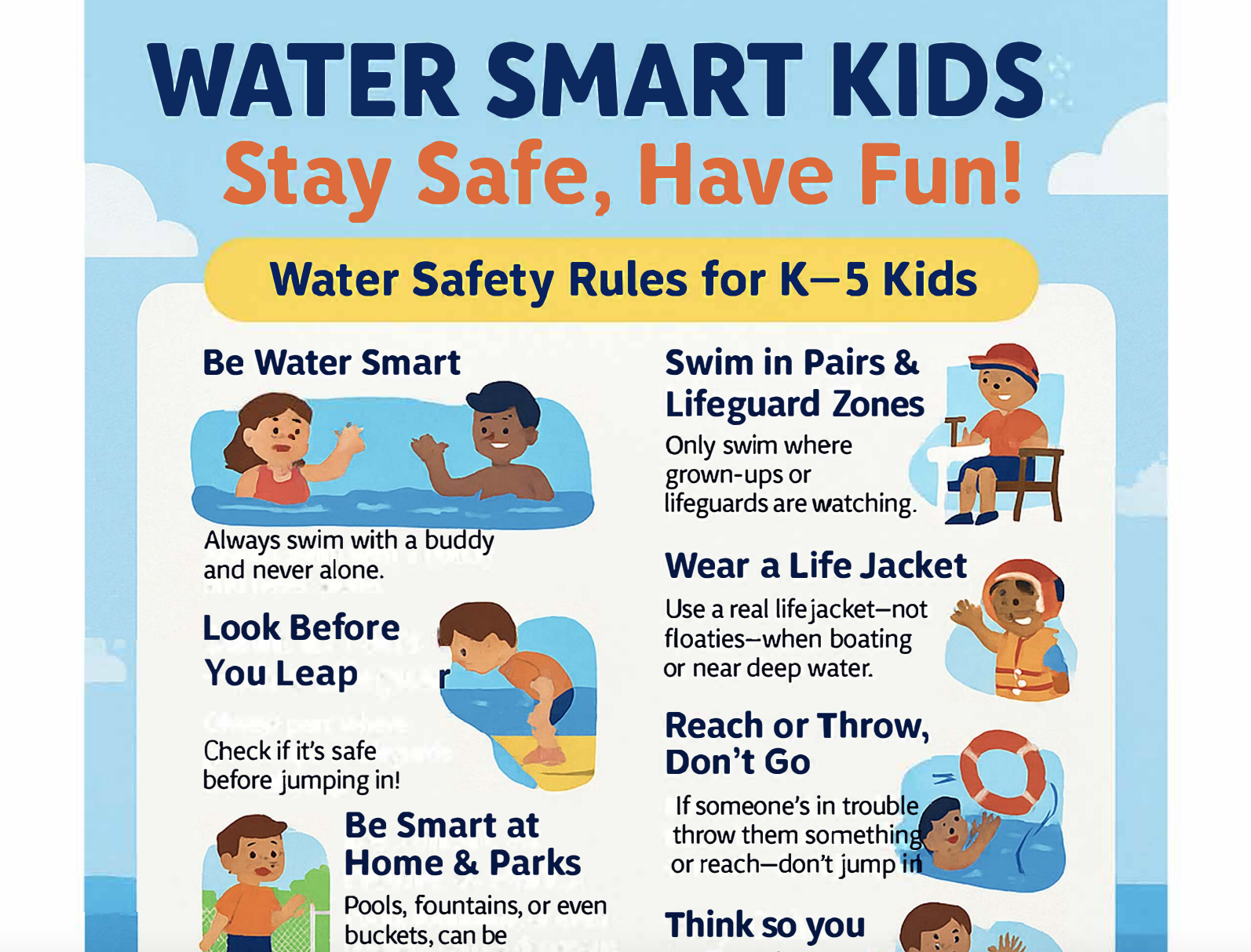 Water safety tips for kids including being water smart, swimming in pairs and lifeguard zones, wearing a life jacket, and supervising at pools, fountains, or buckets.