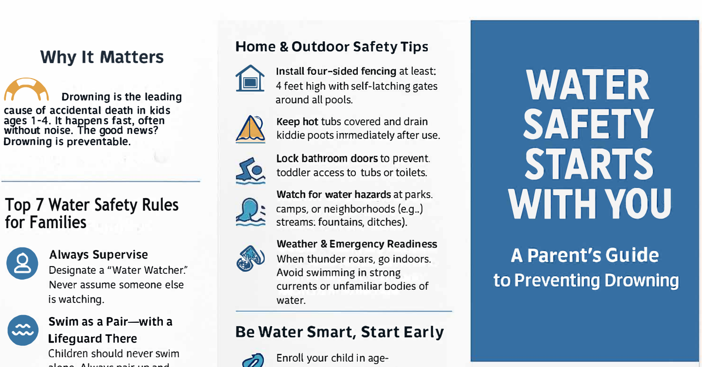 Front cover of a water safety guide titled 'Water Safety Starts With You,' featuring sections on why drowning is dangerous, water safety rules for families, outdoor safety tips, and emergency preparedness.