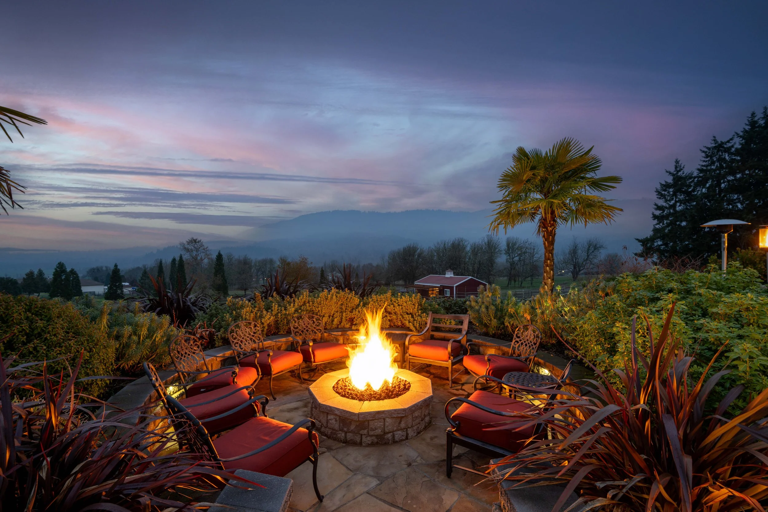 Twilight backyard with fire pit at sunset, Portland Oregon