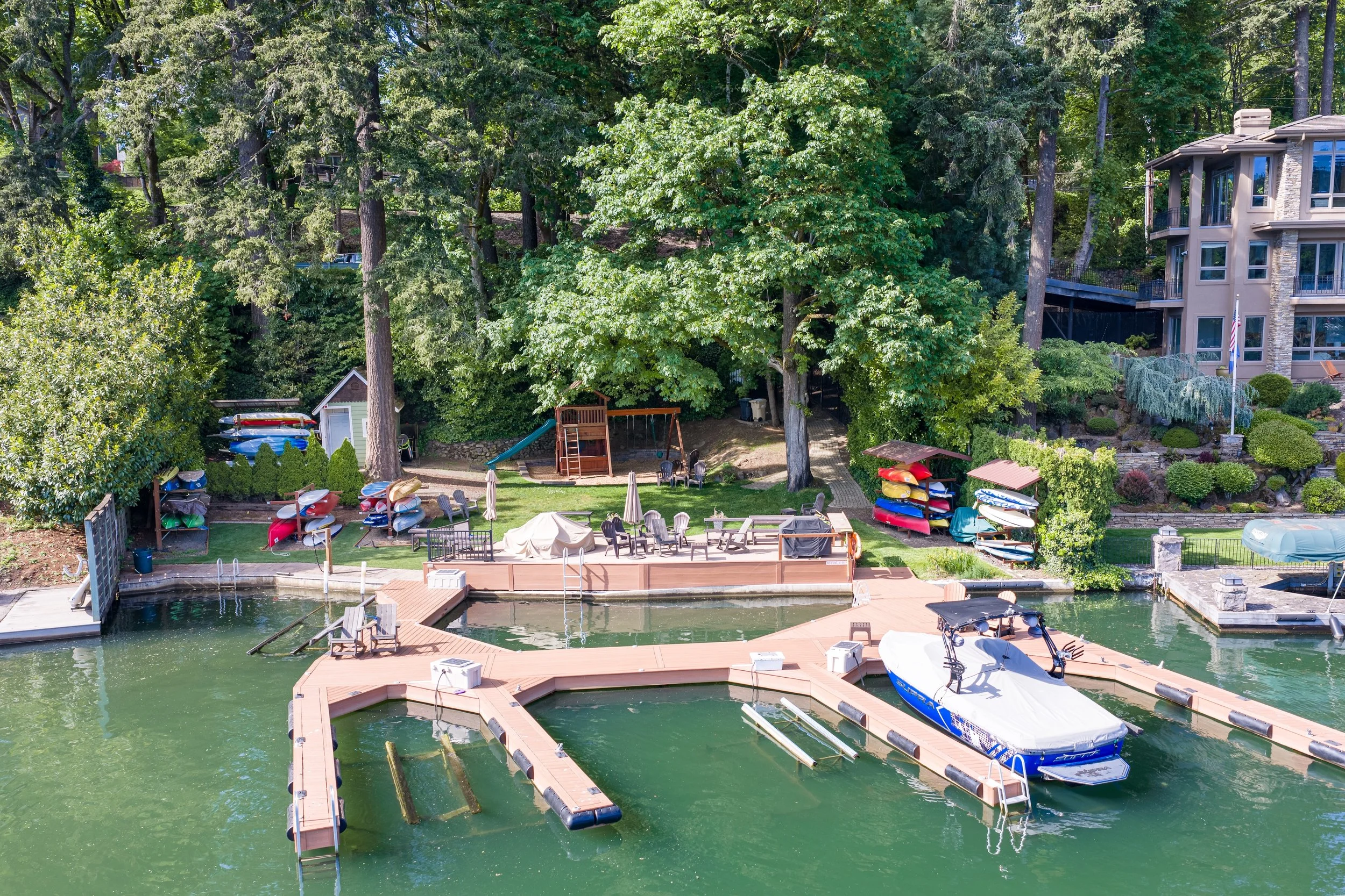 Drone photo of boat dock and playground at oswego lake