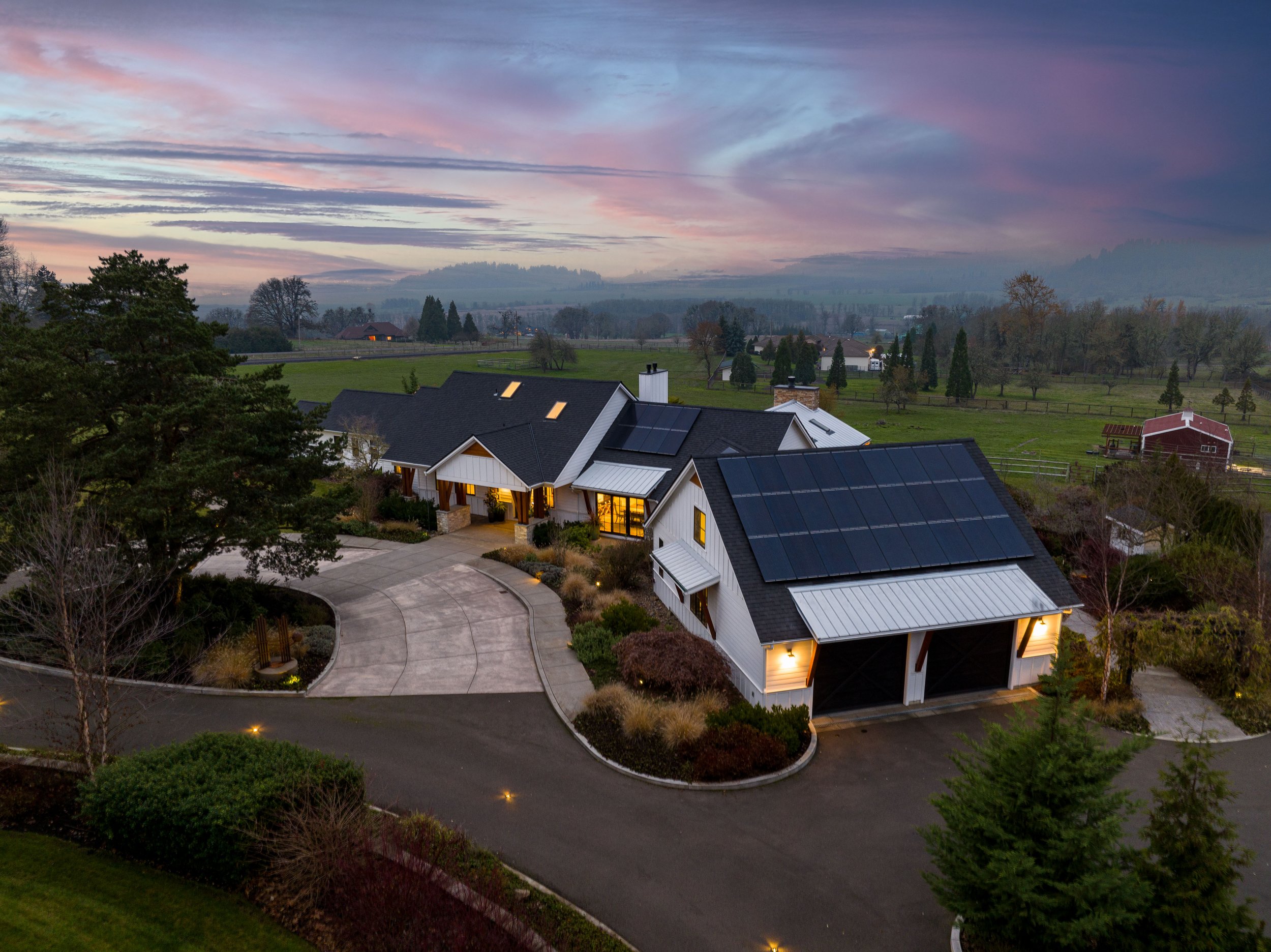 Twilight drone photo of a luxury home in Portland, Oregon