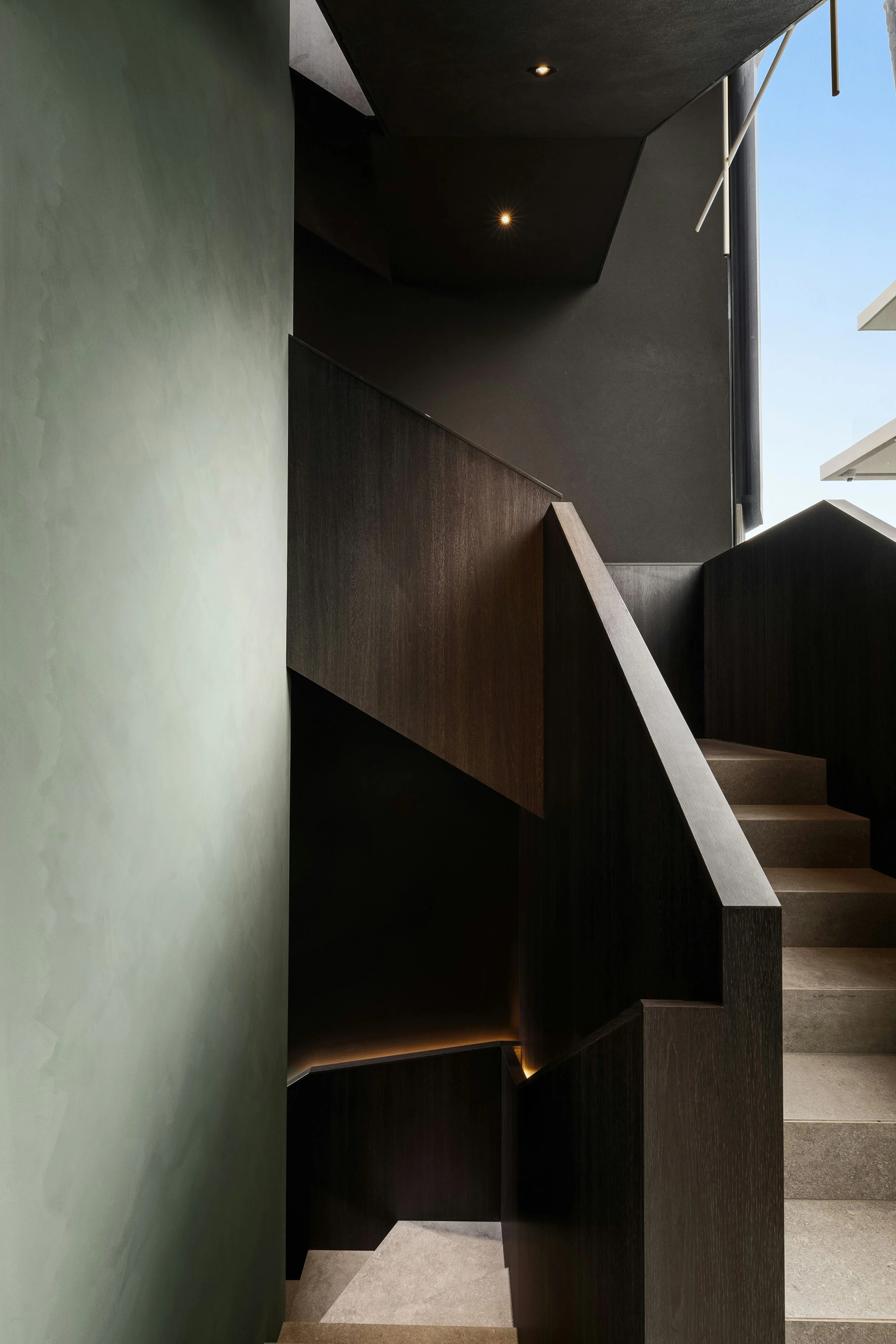 Architectural staircase detail with dark wood paneling and clean modern lines.