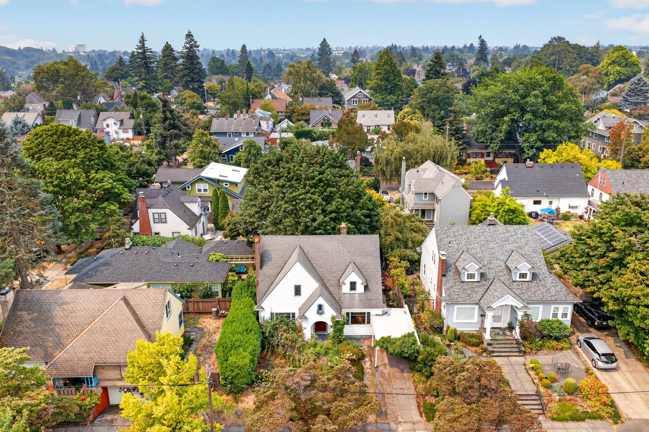 Drone photo of a front exterior of a home in the Alameda area of Portland, Oregon