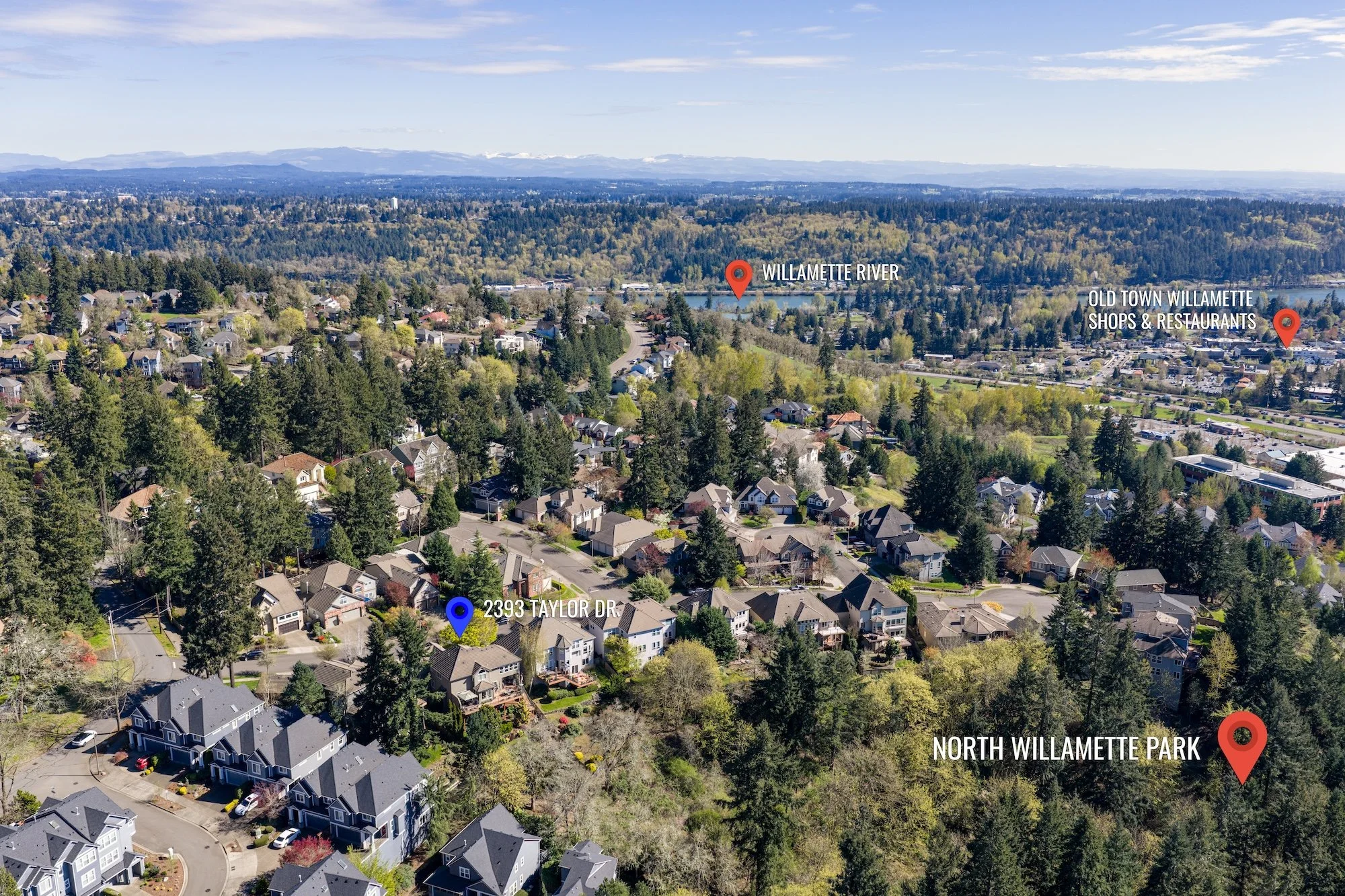 Drone photo of a home in Portland with neighborhood highlights and landmarks