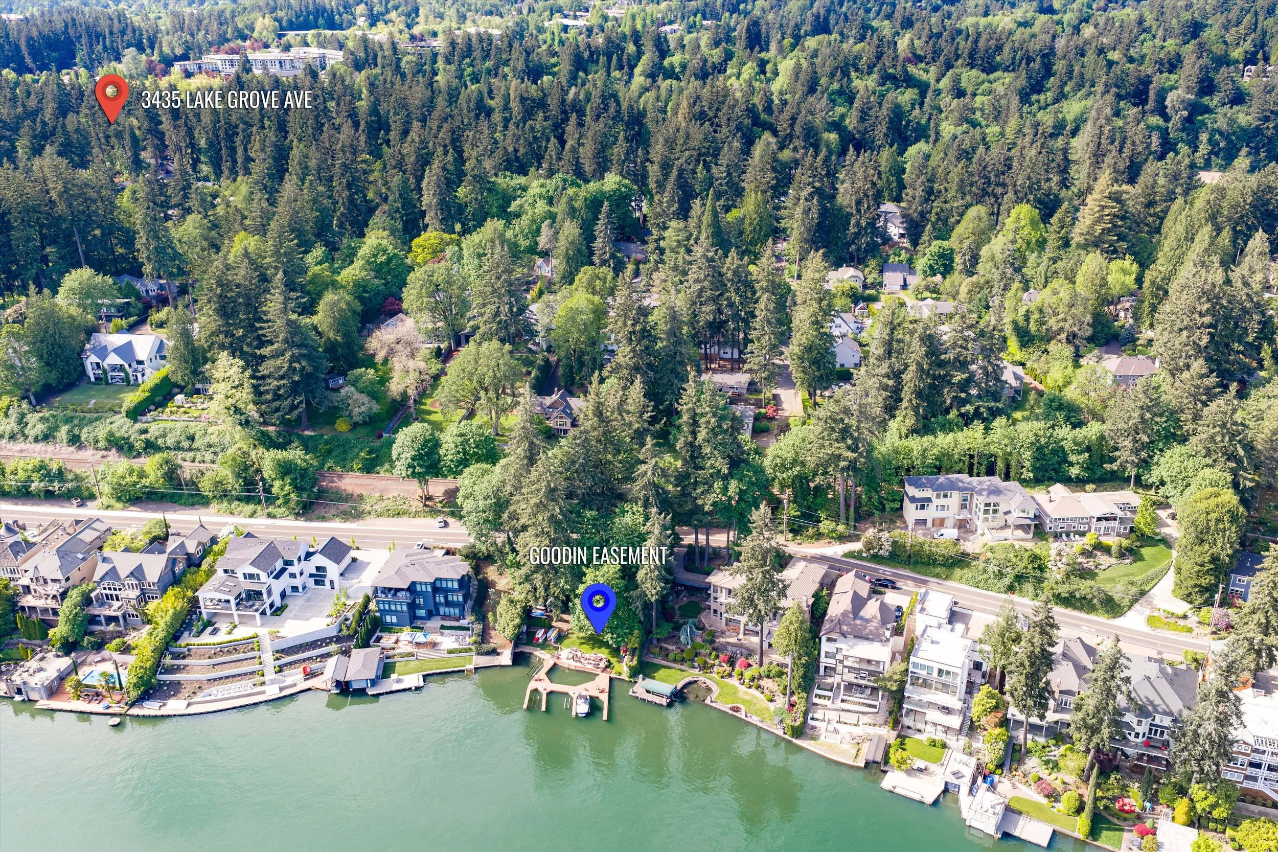 Labeled drone photo showing nearby public landmarks in Lake Oswego