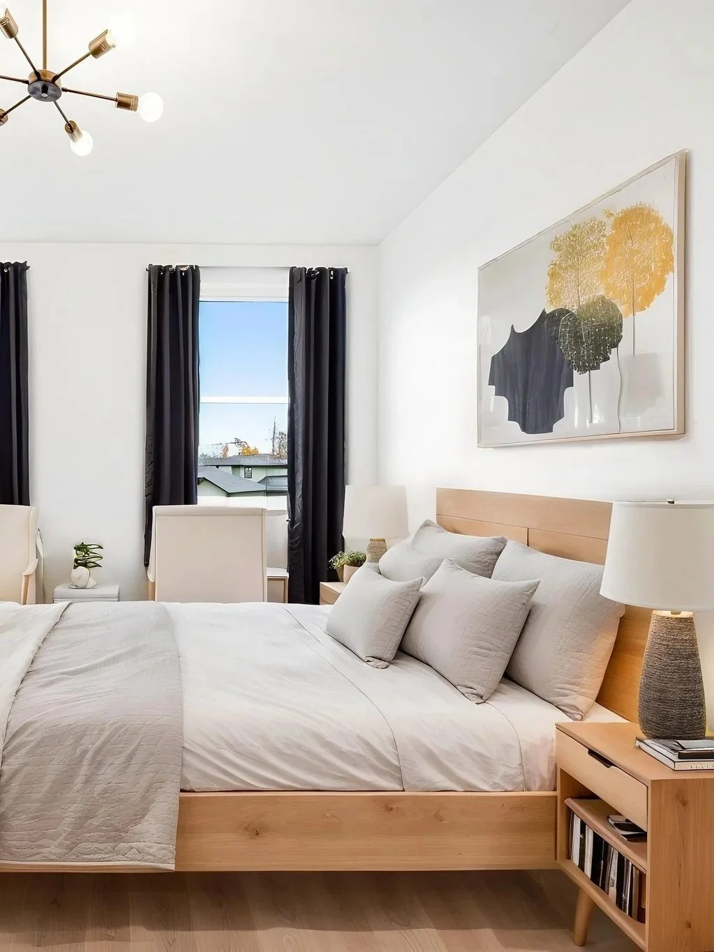 Virtually staged bedroom with Scandinavian style furniture in Portland, Oregon