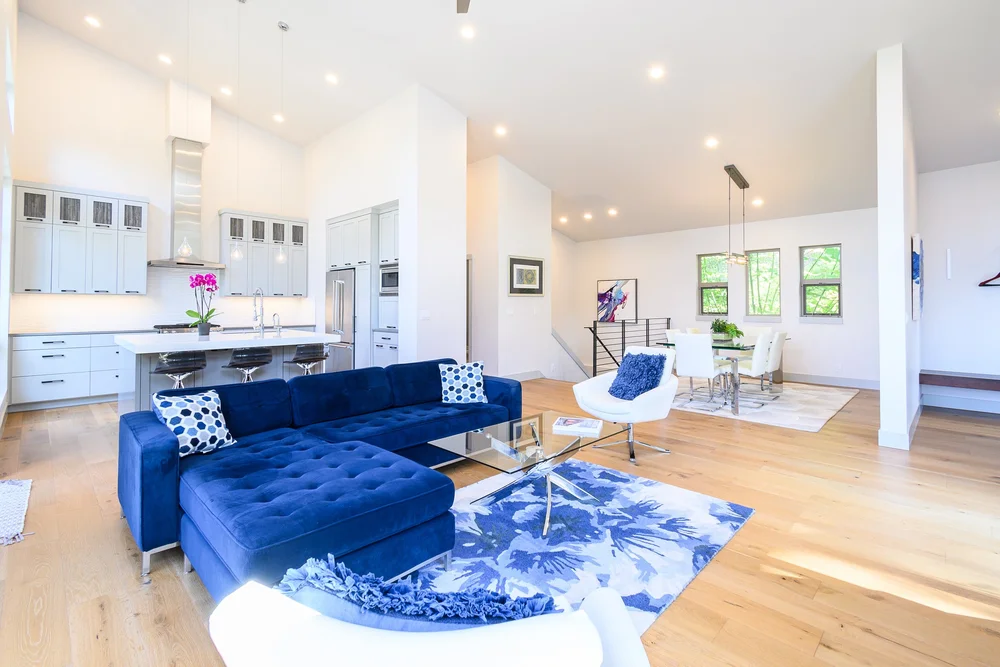 Bright open-concept living room and kitchen.