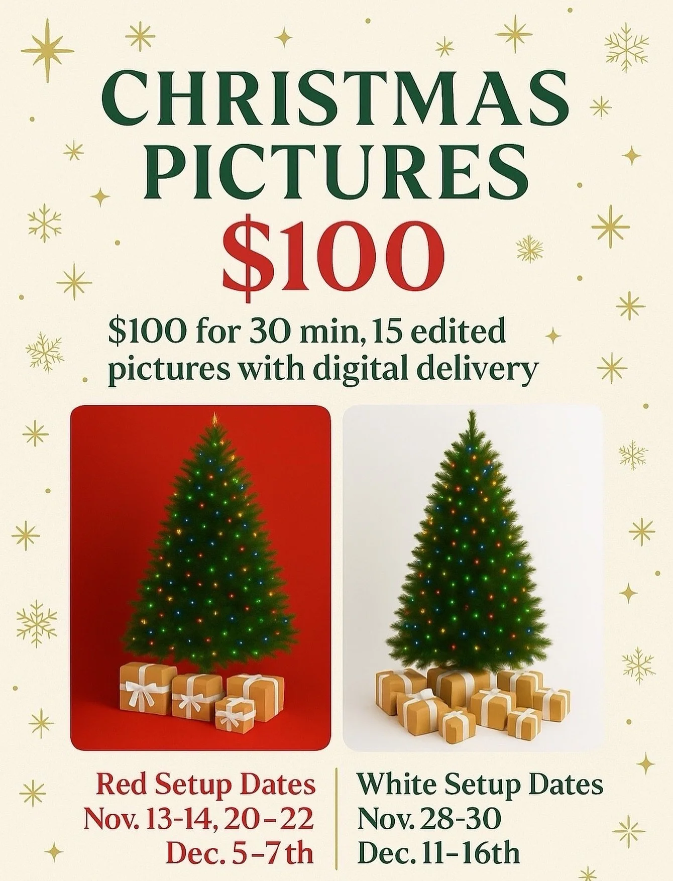 It&rsquo;s officially Christmas photoshoot season! 🎄✨
Create magical memories with your loved ones this holiday ✨❤️

📌 $100 &mdash; 30 min session
📸 15 edited pictures
💻 Digital delivery

🎅 Red Setup Dates:
Nov 13&ndash;14, 20&ndash;22 &bull; De