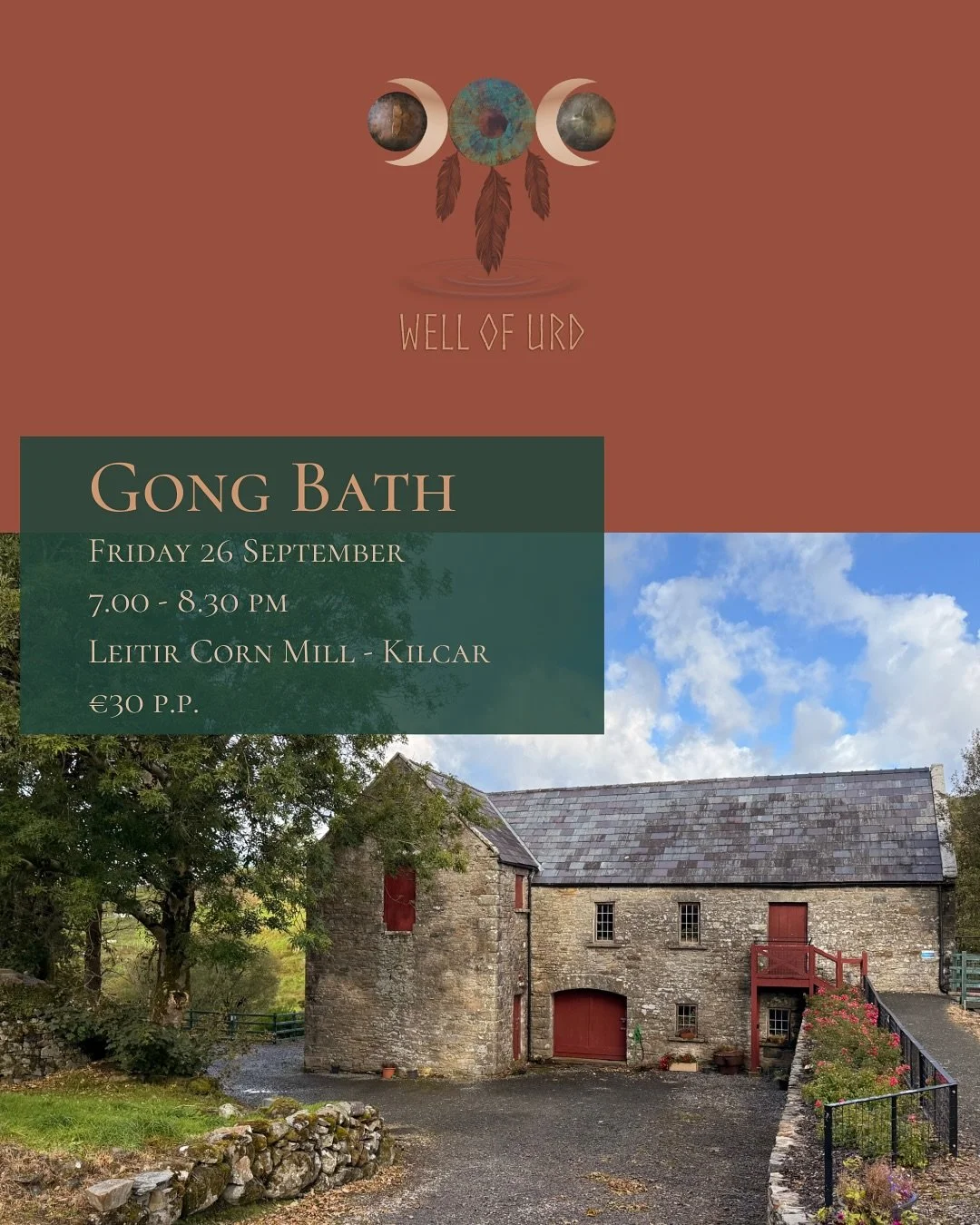 I&rsquo;m so excited to share that I&rsquo;ll be facilitating a soothing, calming Gong Bath at the incredibly cute @leitircornmill in Kilcar on Friday 26 September, from 7-8.30 pm. No need to bring anything, but you&rsquo;re welcome to bring your own