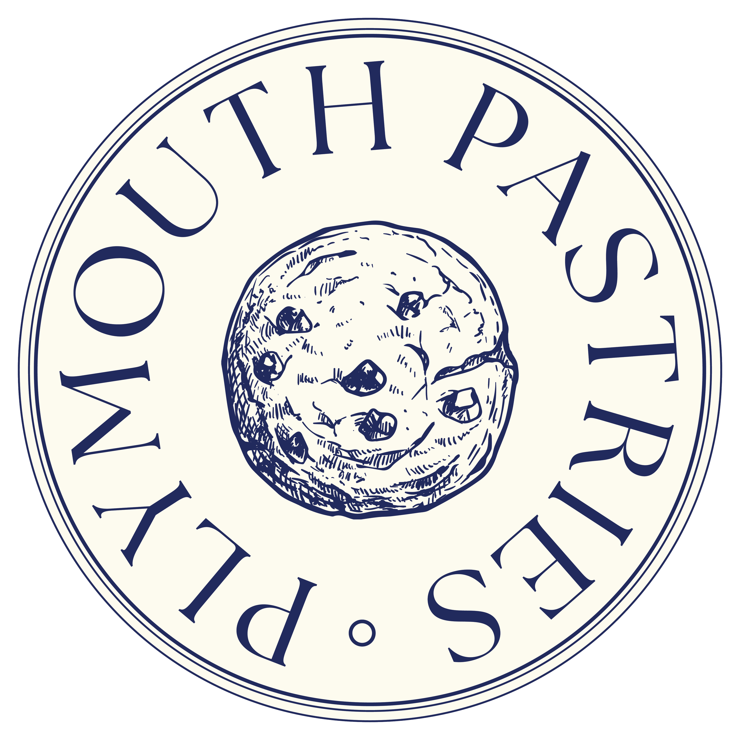 Close-up of a circular logo with a cookie inside and the words 'PLYMOUTH' and 'PASTRIES' around it.