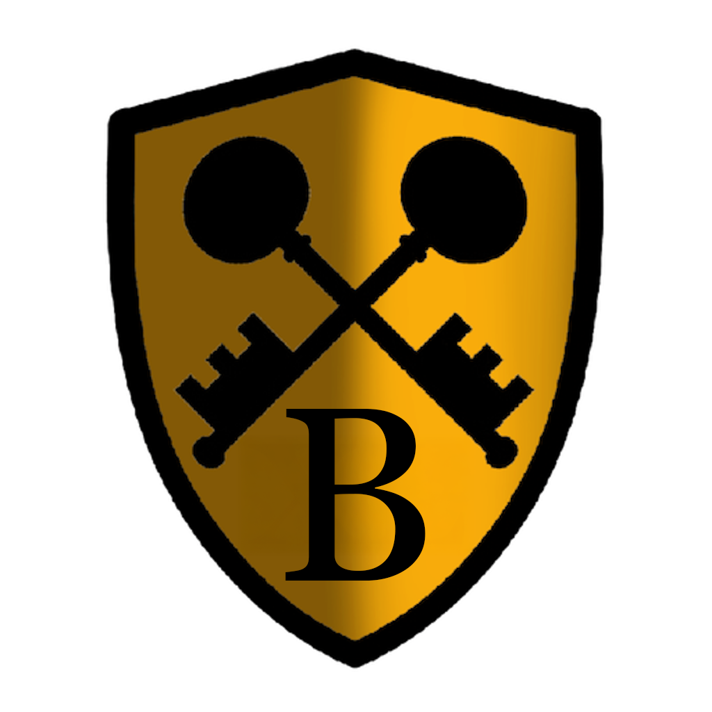 A gold and black shield emblem with two crossed keys and a large letter B in the center.