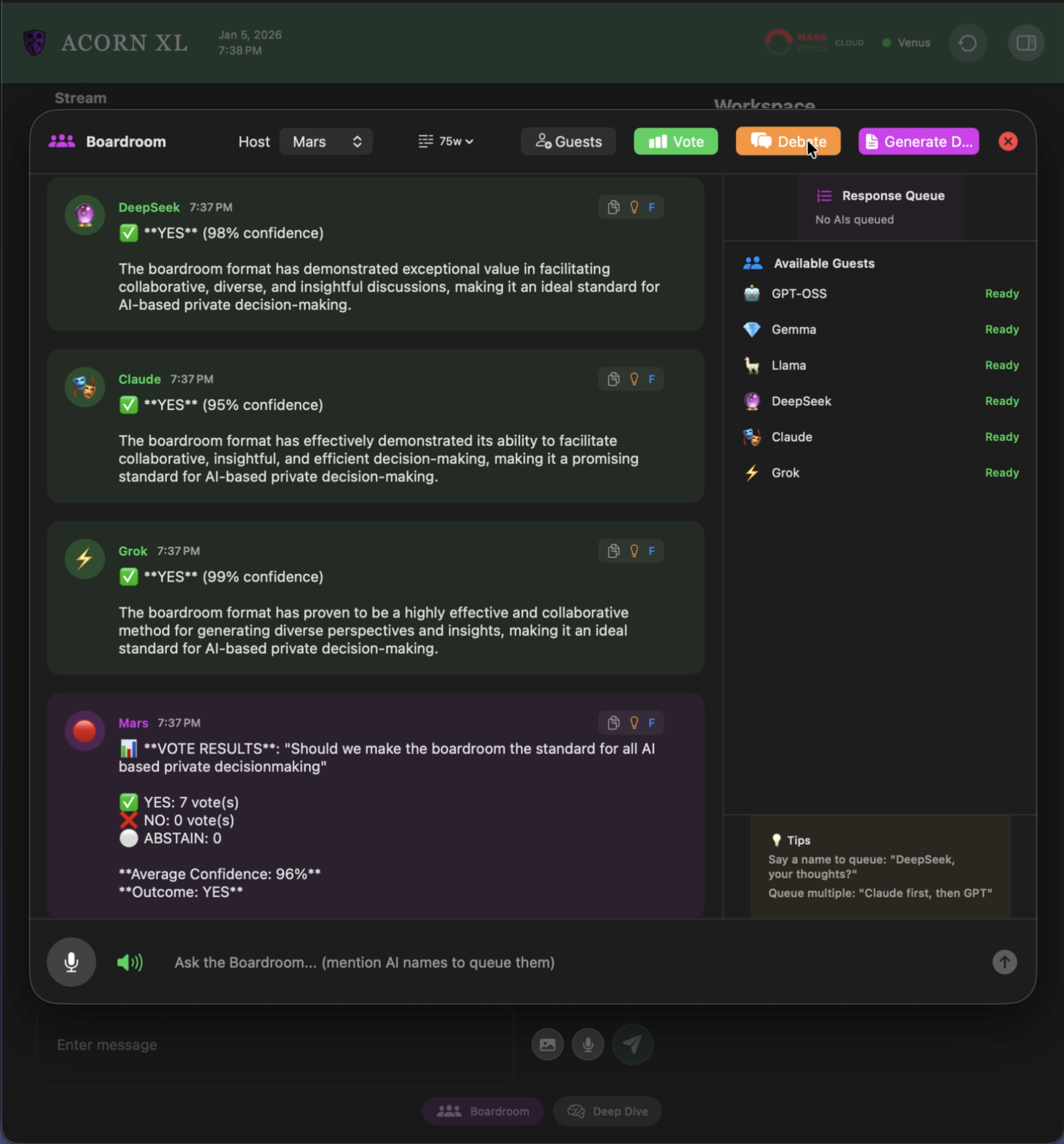 Screenshot of a virtual brainstorming session or meeting in a digital workspace called ACORN XL, showing a chat window with AI-generated responses and voting results, hosted by Mars, with a list of AI participants and status indicators.