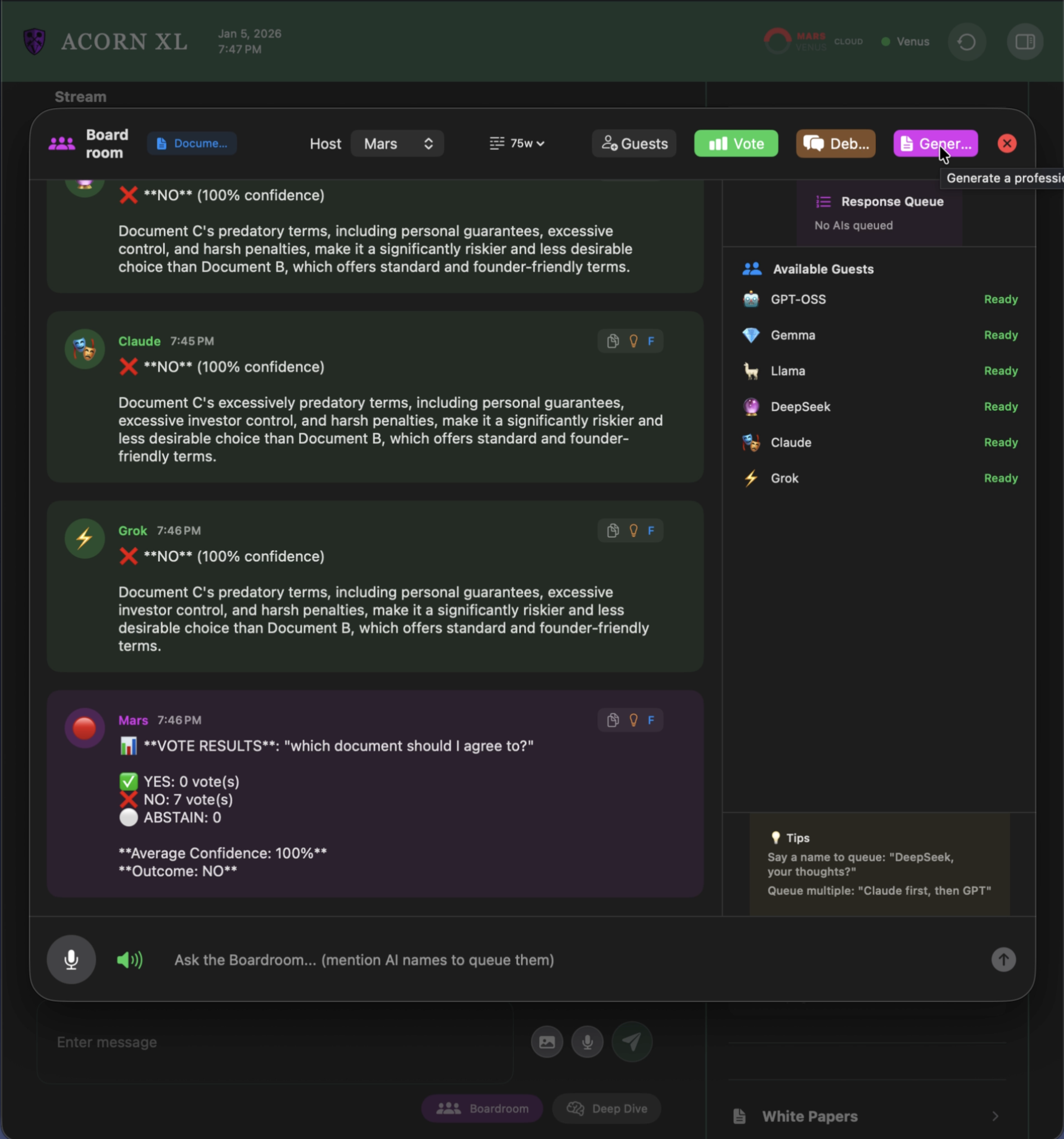 Screenshot of an online meeting or discussion in a digital workspace called Acorn XL, showing a chat with multiple participants, votes, and options.