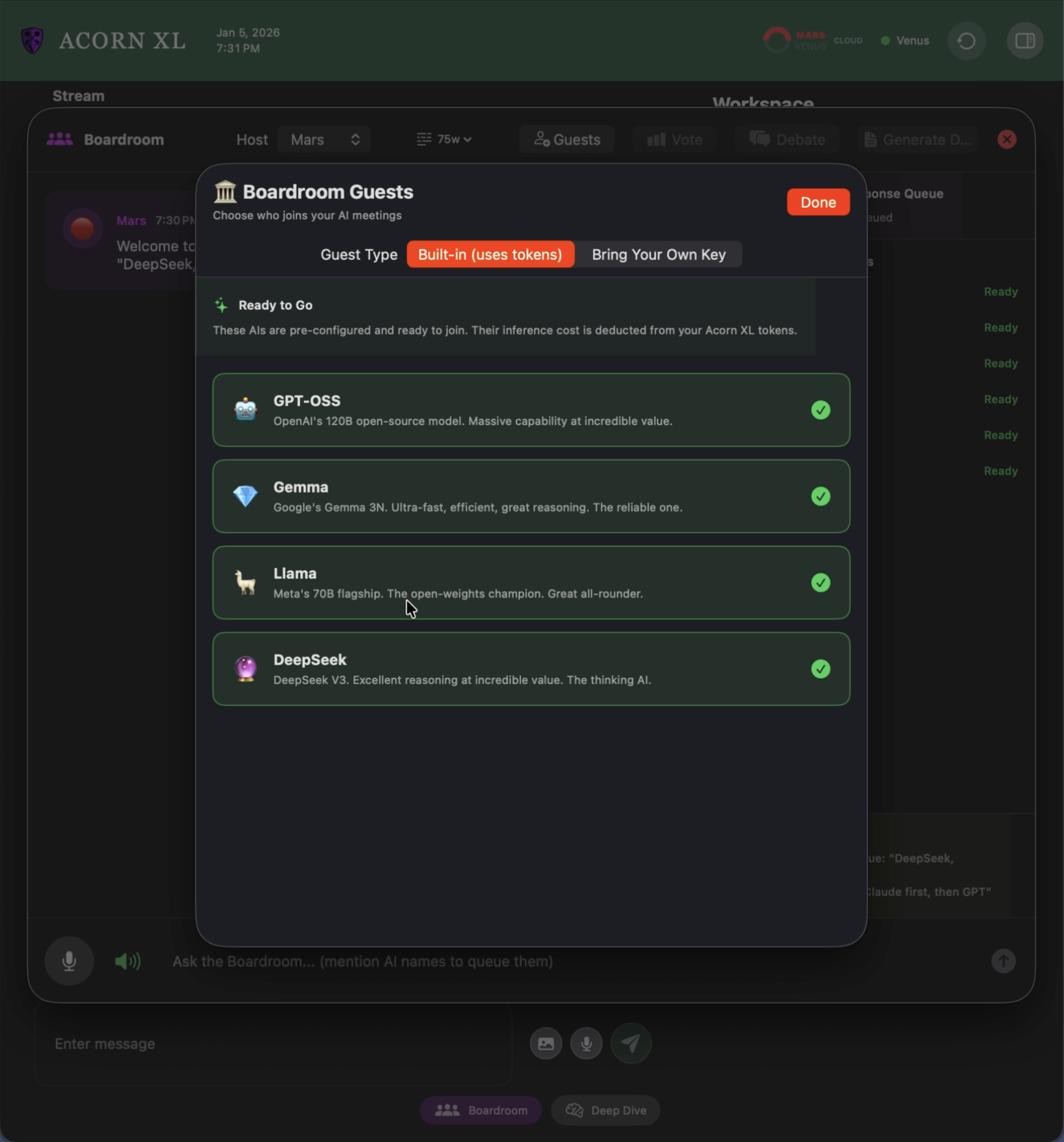 Screenshot of an AI meeting platform showing a dialog box for selecting AI guests, including options like GPT-OSS, Gemma, Llama, and DeepSeek, with checkmarks indicating they are ready.