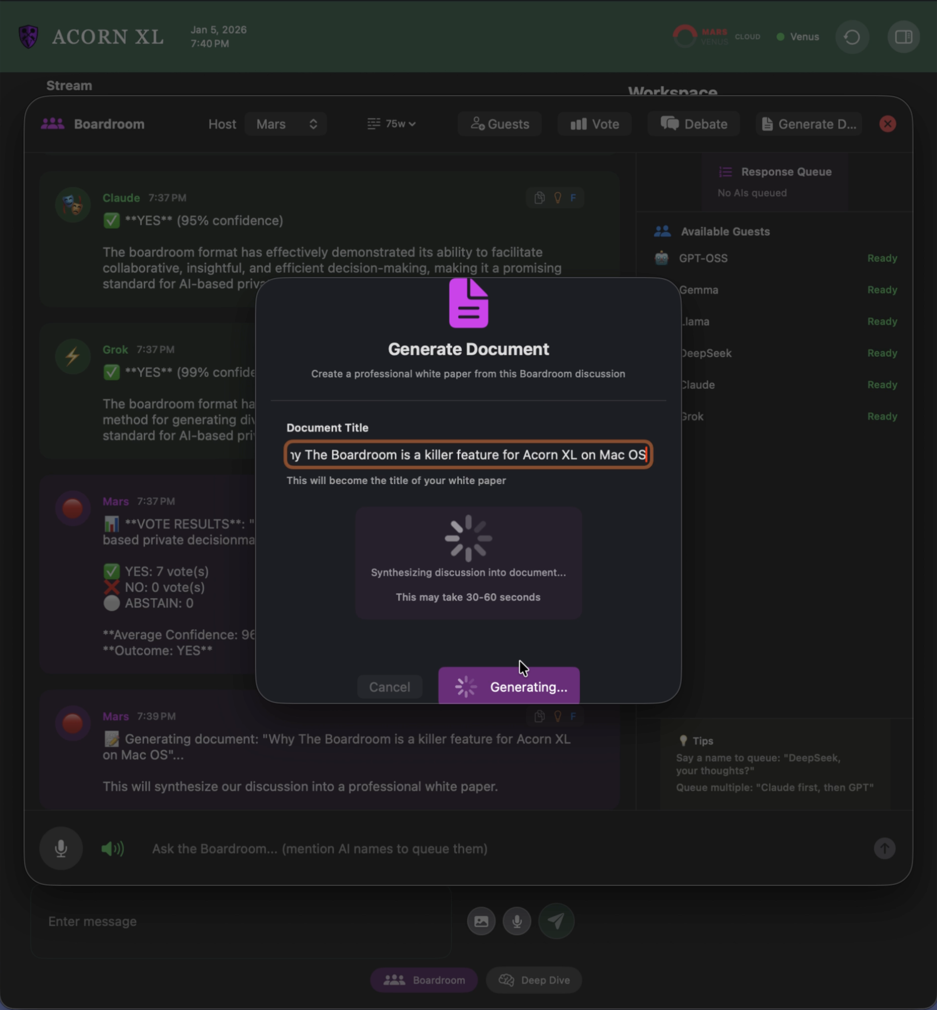 Screenshot of a digital dashboard titled 'ACORN XL' with a discussion in a virtual boardroom about the features of Acorn XL on Mac OS, including a pop-up window for generating a professional white paper from the discussion.