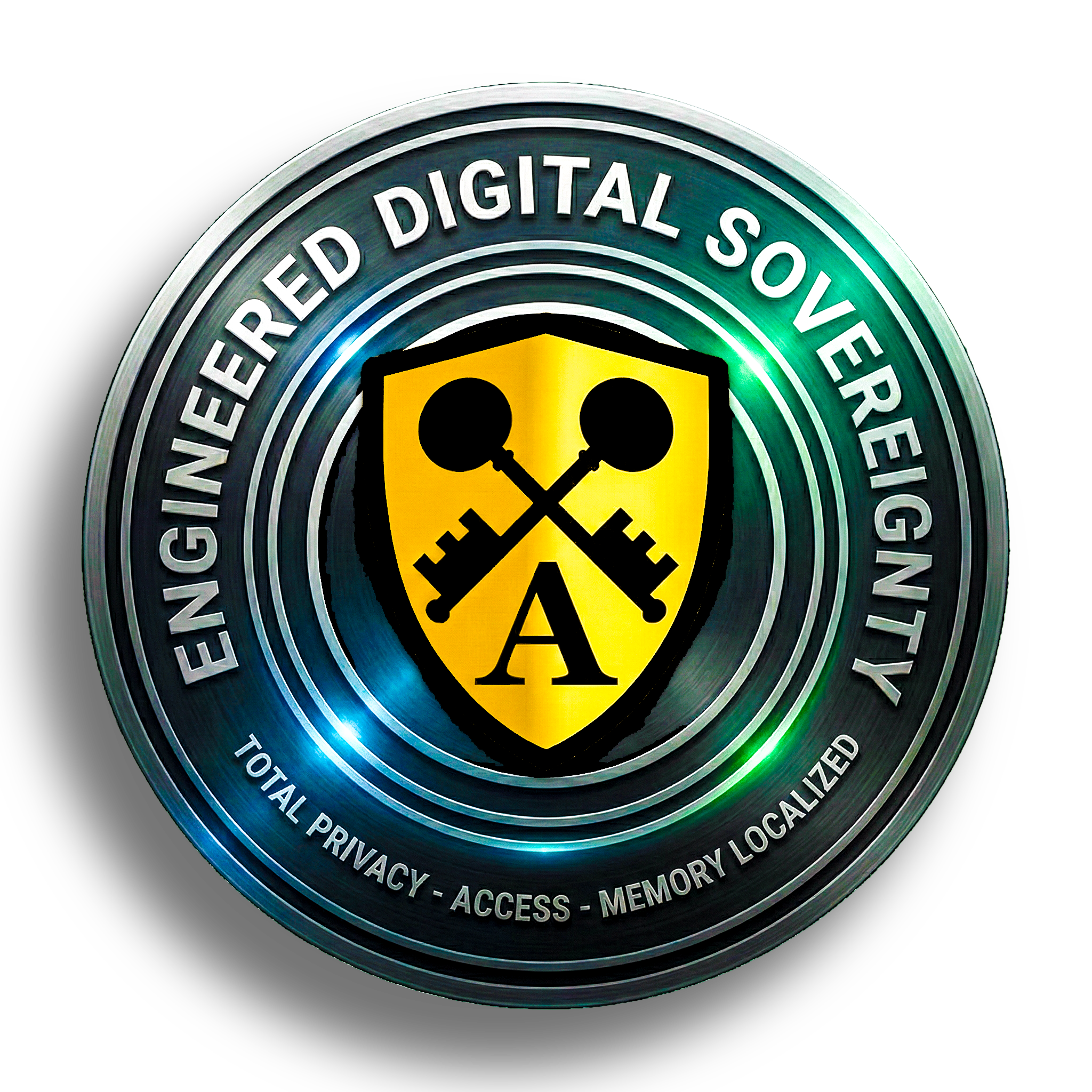 Acorn Mobile Engineered Digital Sovereignty Official Seal with shield, crossed keys, and letter A, surrounding text about privacy, access, and memory localization.