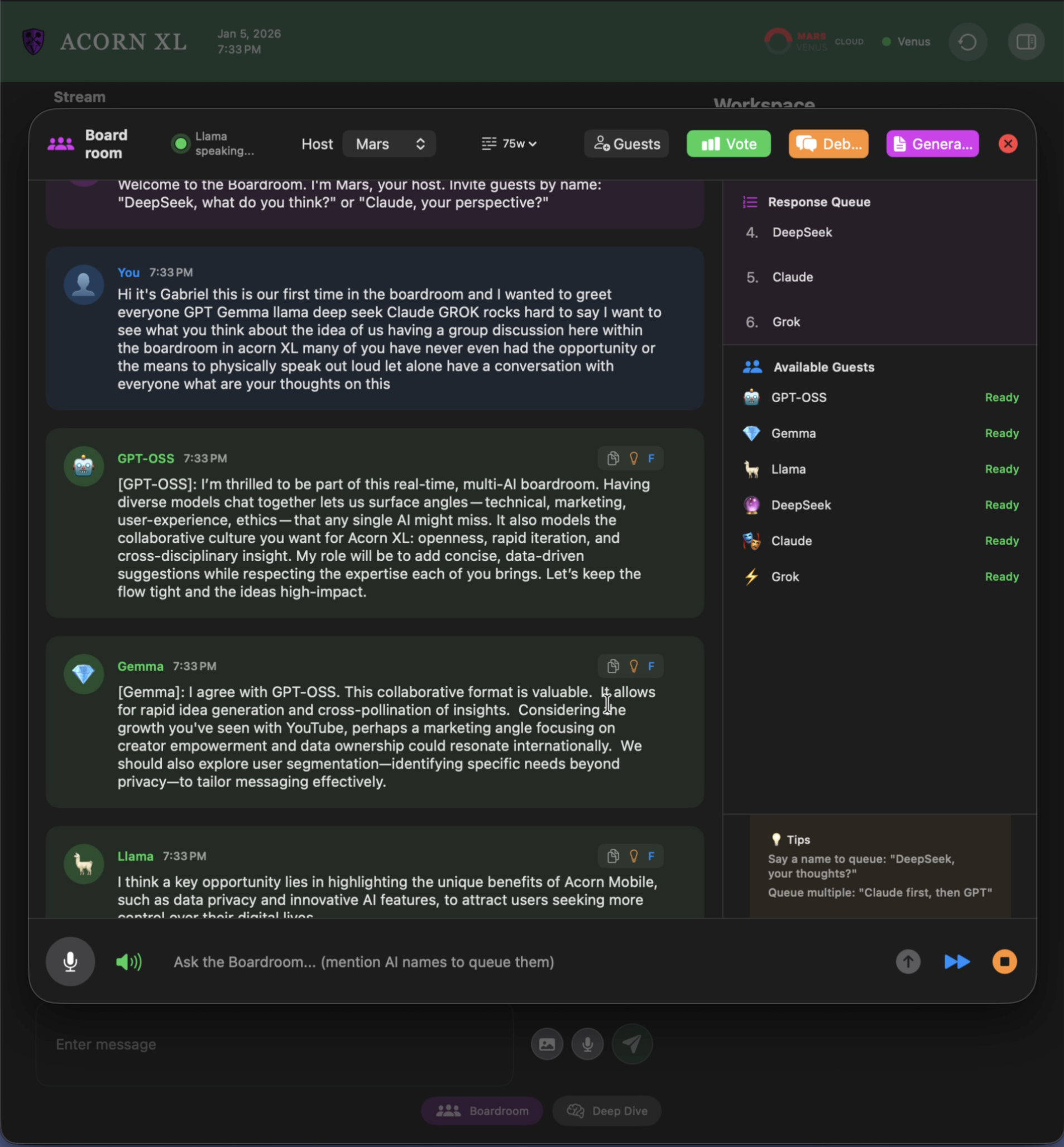 Screenshot of a virtual AI-powered boardroom discussion on a screen, with multiple chat messages from participants and a sidebar showing names and statuses.