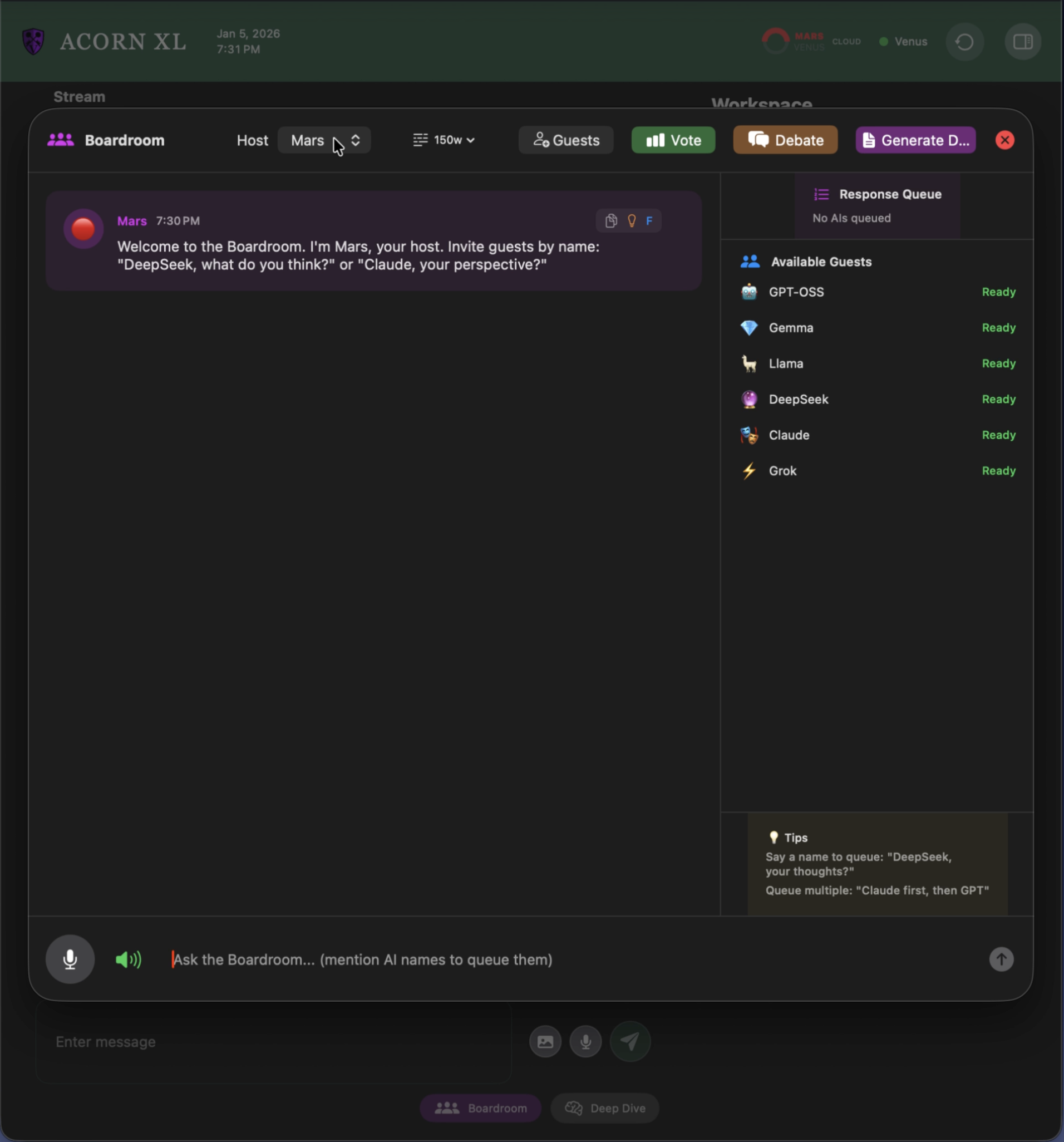 Screenshot of a virtual meeting interface with a dark background. The top shows the platform name 'ACORN XL' and the date and time 'Jan 5, 2026, 7:31 PM'. The meeting is labeled 'Boardroom' with the host set as 'Mars'. The main chat window displays a