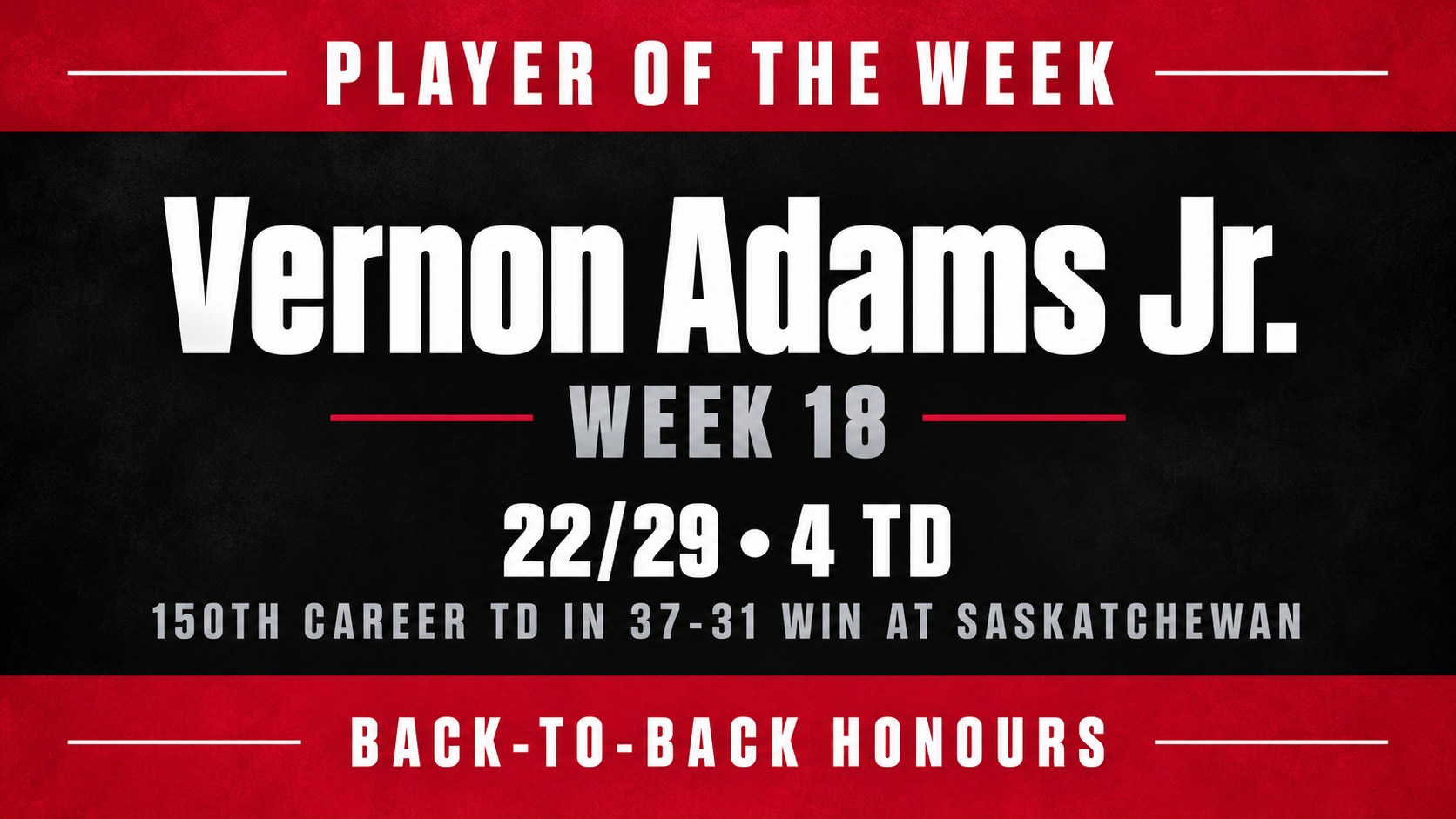 Adams Jr. named CFL Player of the Week for second straight week
