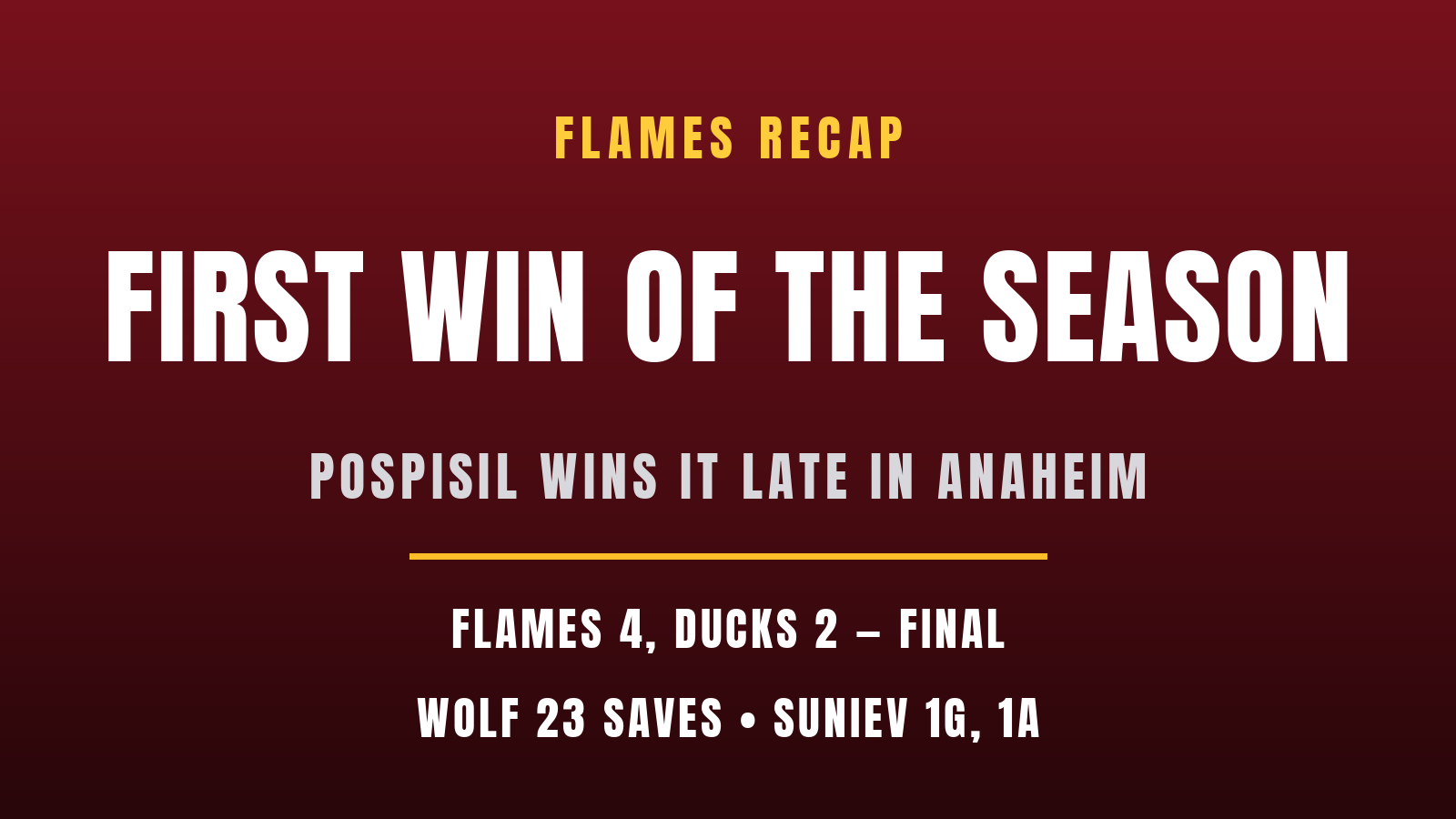 Pospisil scores late as Flames beat Ducks 4-2 for first win of the season