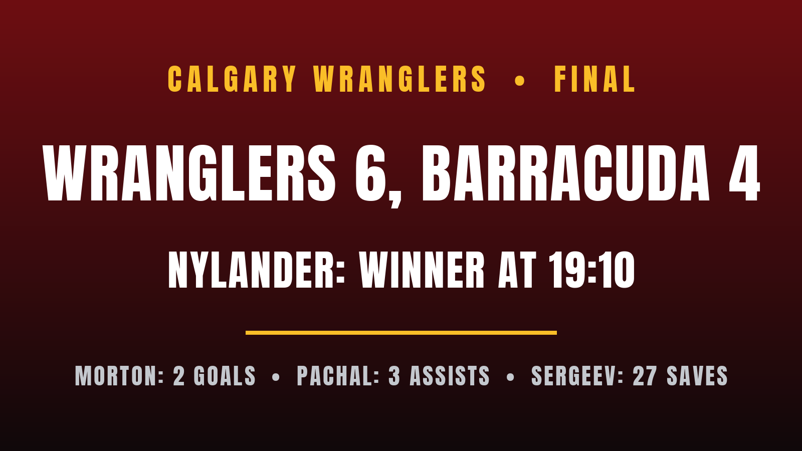 Nylander scores late winner as Wranglers beat Barracuda 6-4