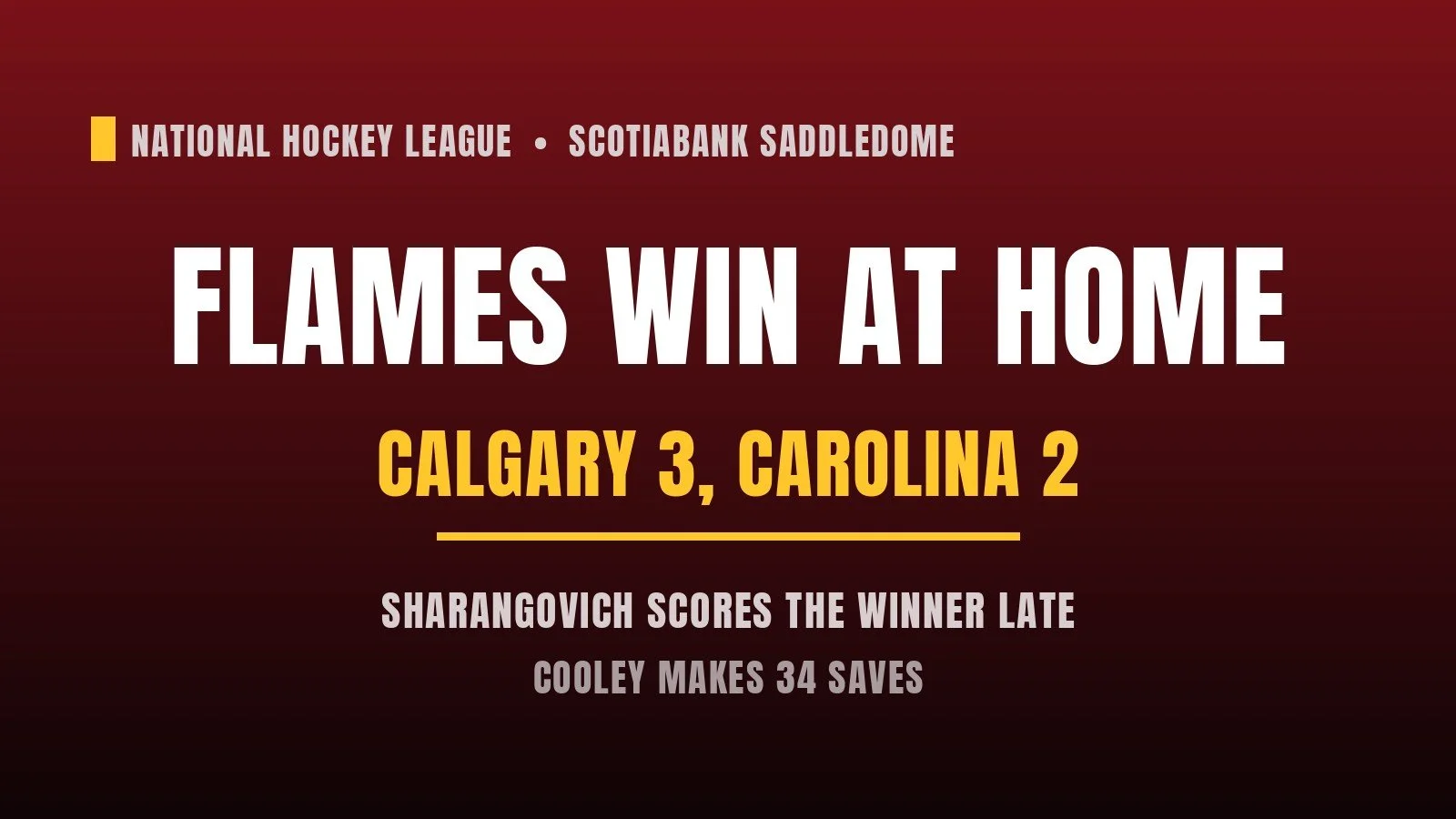 Sharangovich scores late as Flames beat Hurricanes 3-2 for first home win