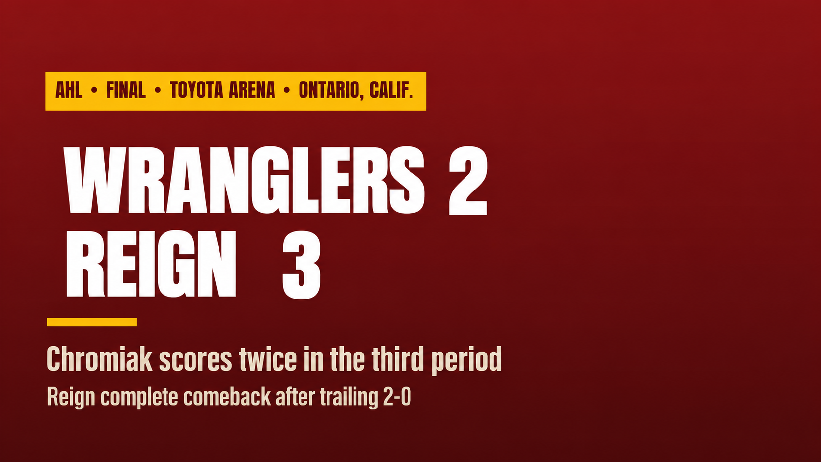 Chromiak scores twice in the third period as Wranglers fall 3-2 to Reign