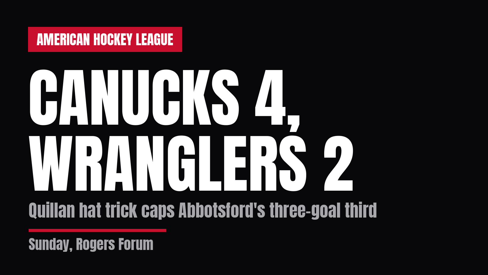 Quillan hat trick leads Canucks past Wranglers 4-2