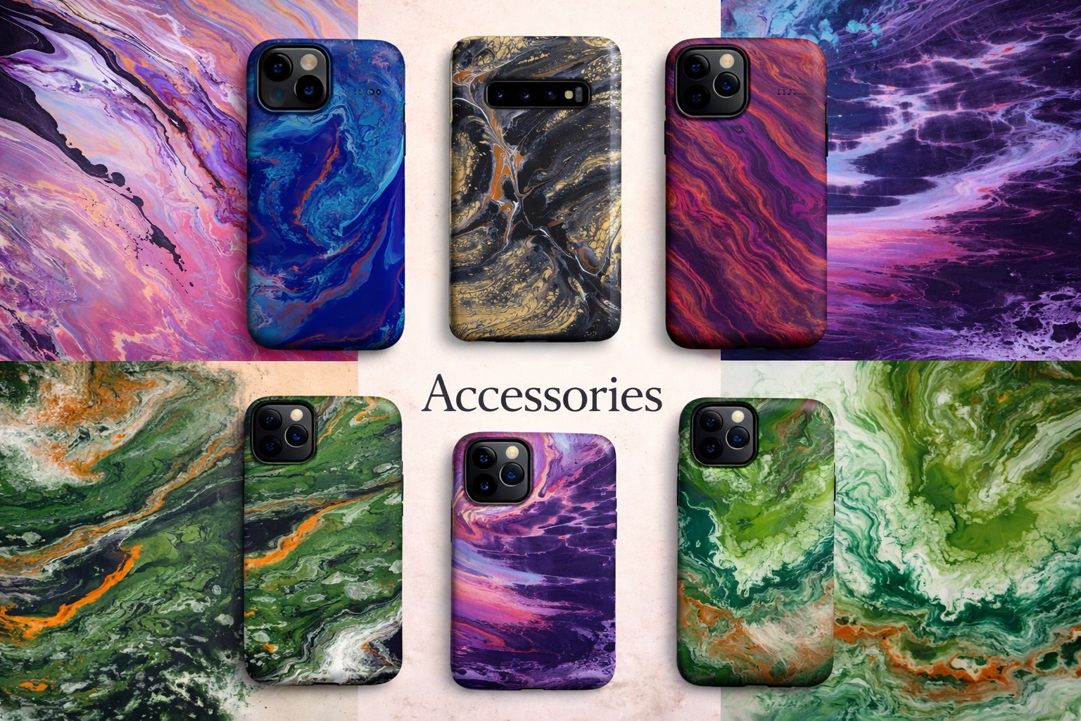 Six smartphones with colorful marbled cases arranged around a pink background with the word 'Accessories' in the center, and two marbled background designs on the sides.