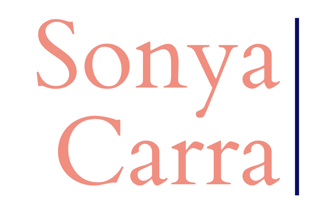 Text in a coral colour that spells Sonya Carra with a dark blue vertical line next to it