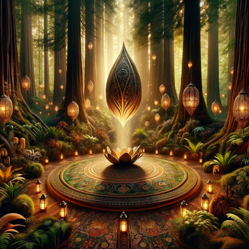 DALL·E 2024-02-09 16.30.17 - Transform the mystical redwood forest scene, featuring the seed about to blossom a diamond, by infusing elements reminiscent of the Ottoman Empire. Su.webp