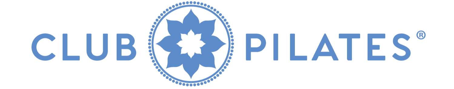 Logo for Club Pilates featuring a stylized blue flower in a dotted circle between the words 'CLUB' and 'PILATES'