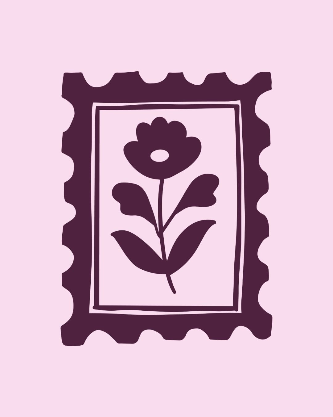 A stylized illustration of a postage stamp featuring a flower with leaves, in dark purple on a light purple background.