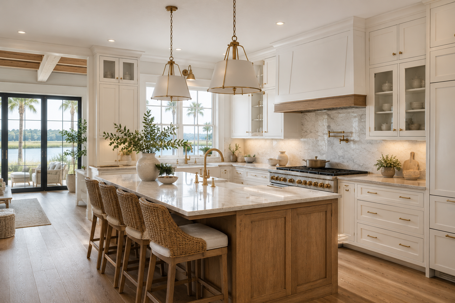 Modern kitchen with white cabinets, marble countertops, wooden island, gold fixtures, and large windows overlooking water and palm trees.