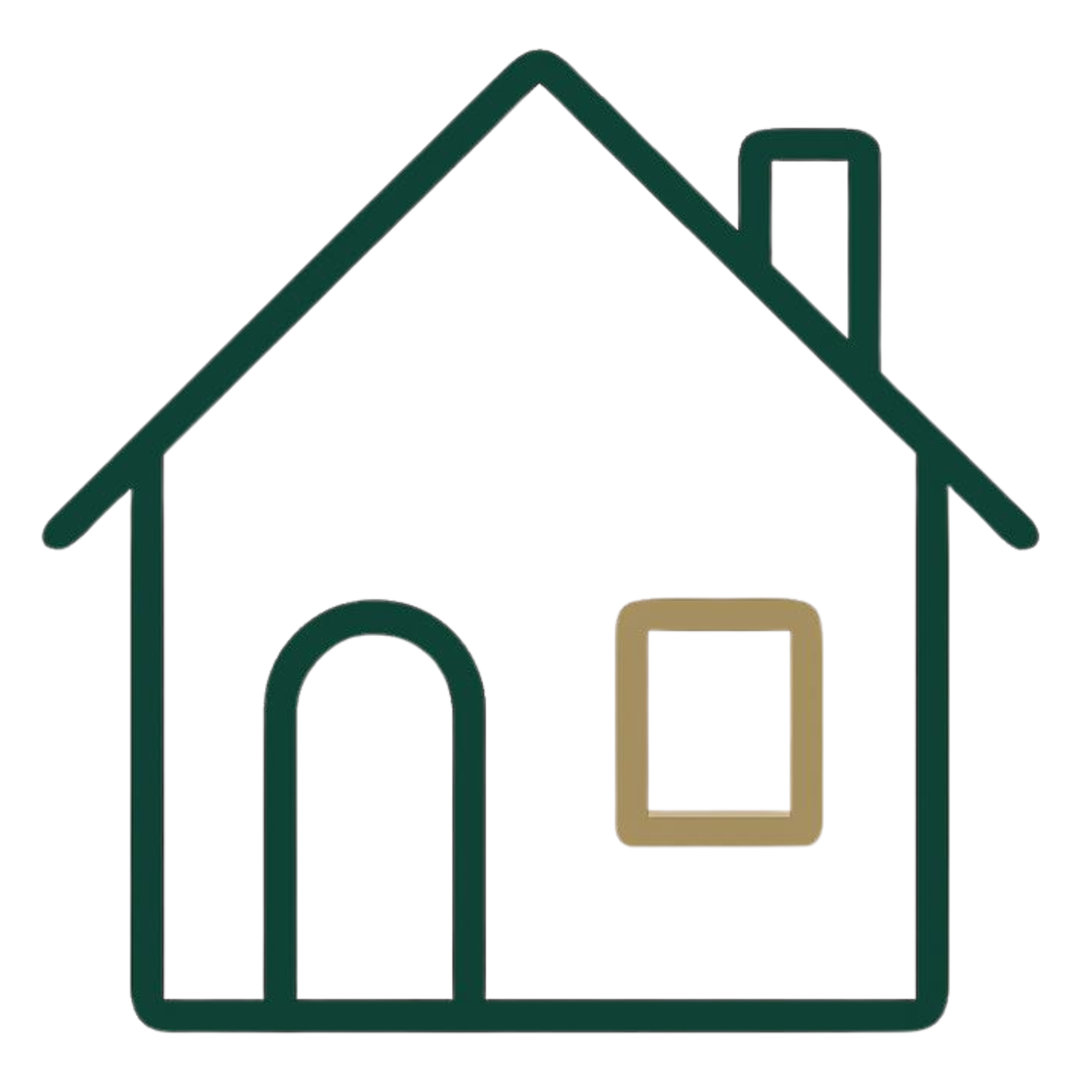 A digital illustration of a house with a pitched roof, a door, and a window, depicted with simple outlined shapes in dark green, beige, and black colors.