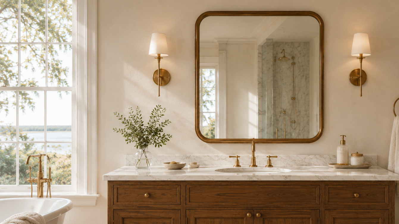 Serene sunlit bathroom with brass accents.png