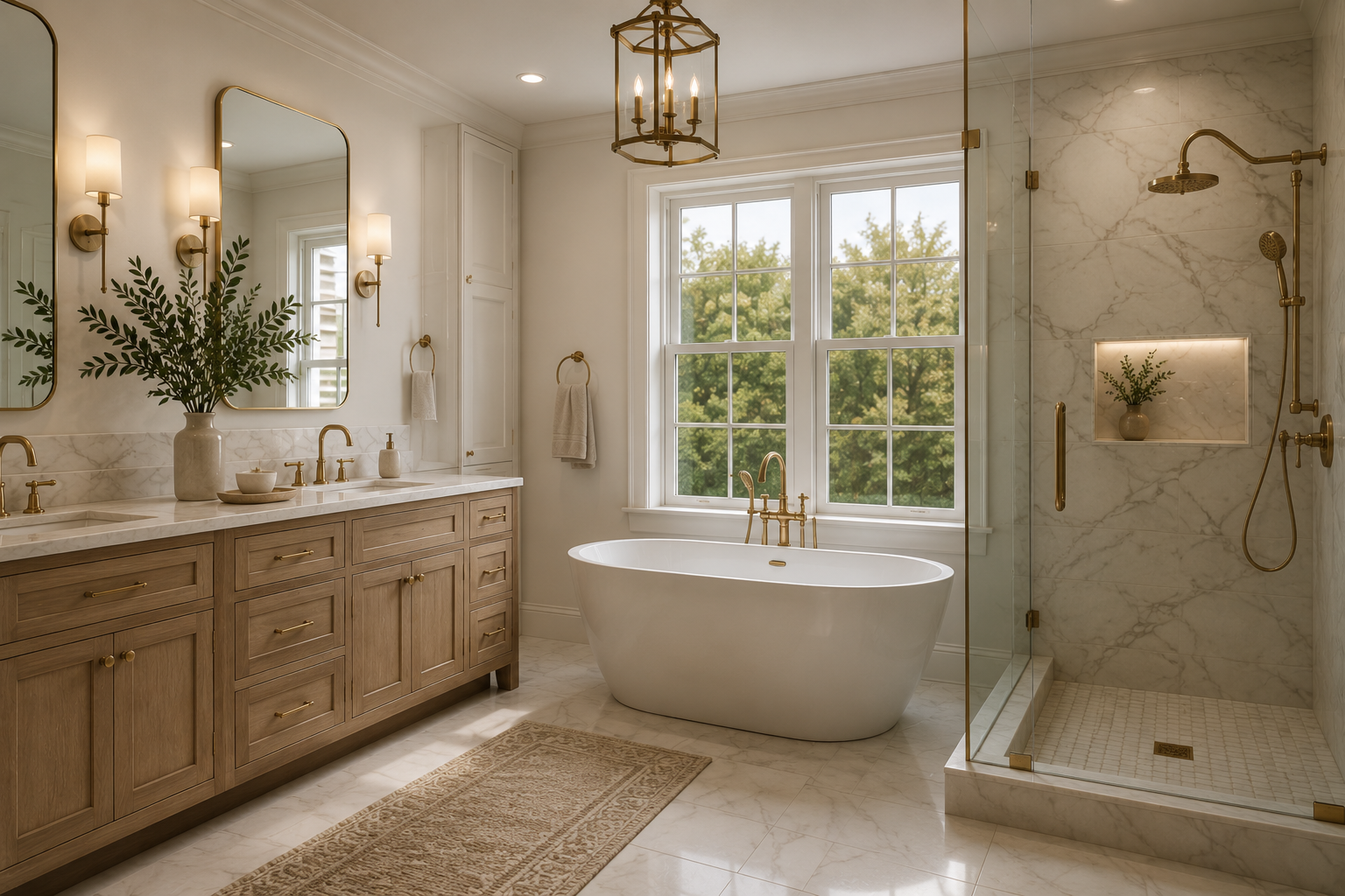 Elegant bathroom featuring a double vanity with a marble countertop, gold fixtures, large mirrors, and wall sconces. A freestanding bathtub is positioned in front of a large window with greenery outside. To the right, there is a glass-enclosed shower with marble walls, a built-in niche with a potted plant, and gold fixtures.