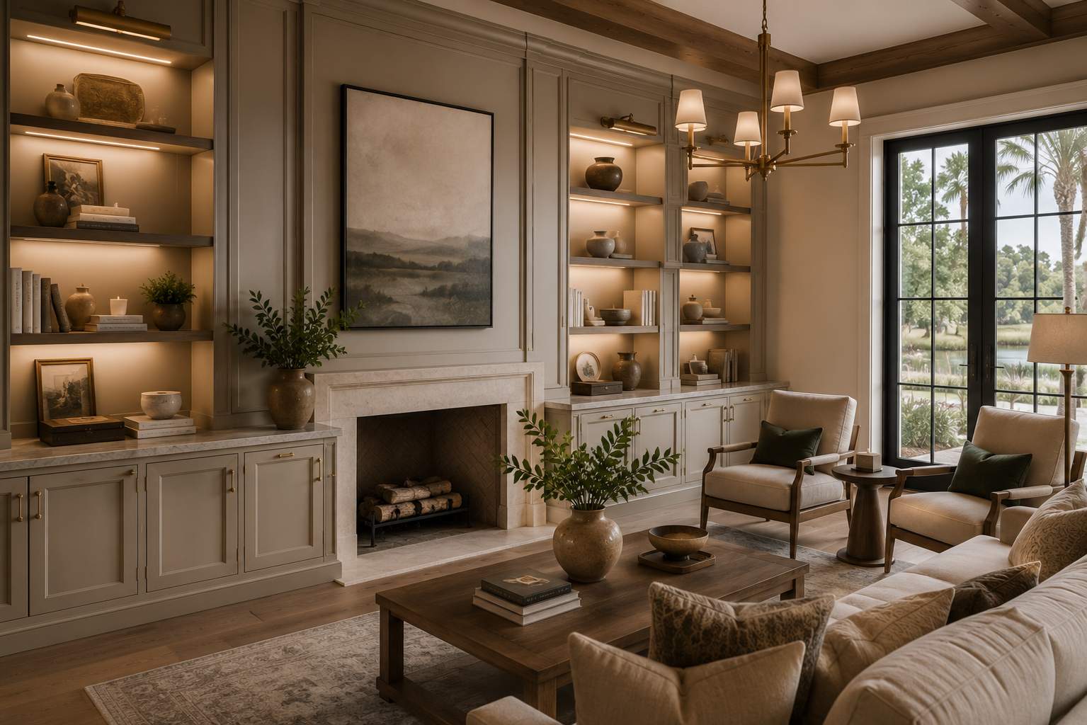 Living room with built-in shelves, beige chairs, a wooden coffee table, a fireplace, artwork above the fireplace, a large window with black frames showing palm trees outside, and warm lighting.