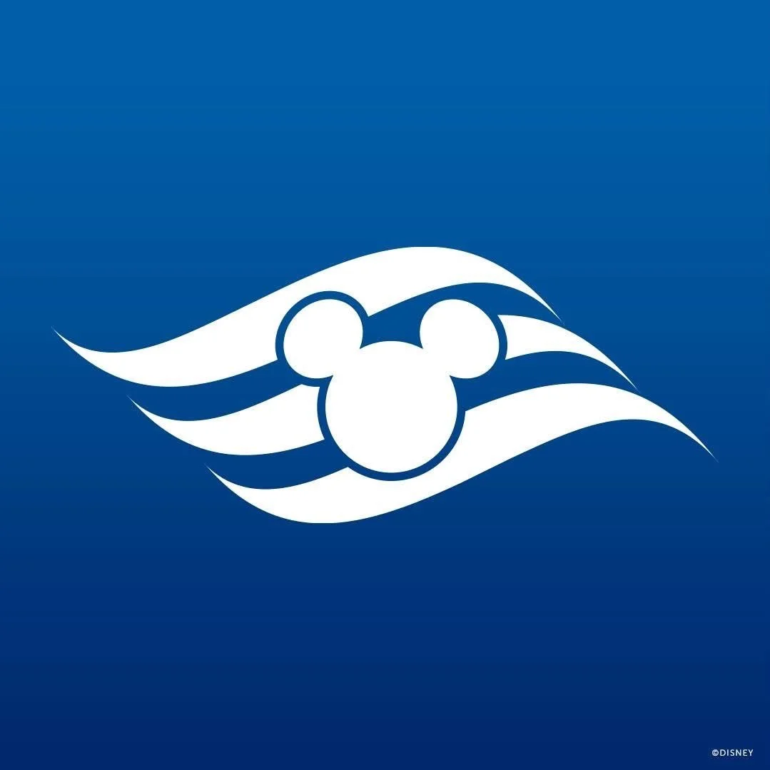 Blue background with a white stylized wave and a Mickey Mouse head symbol in the center, resembling a logo.